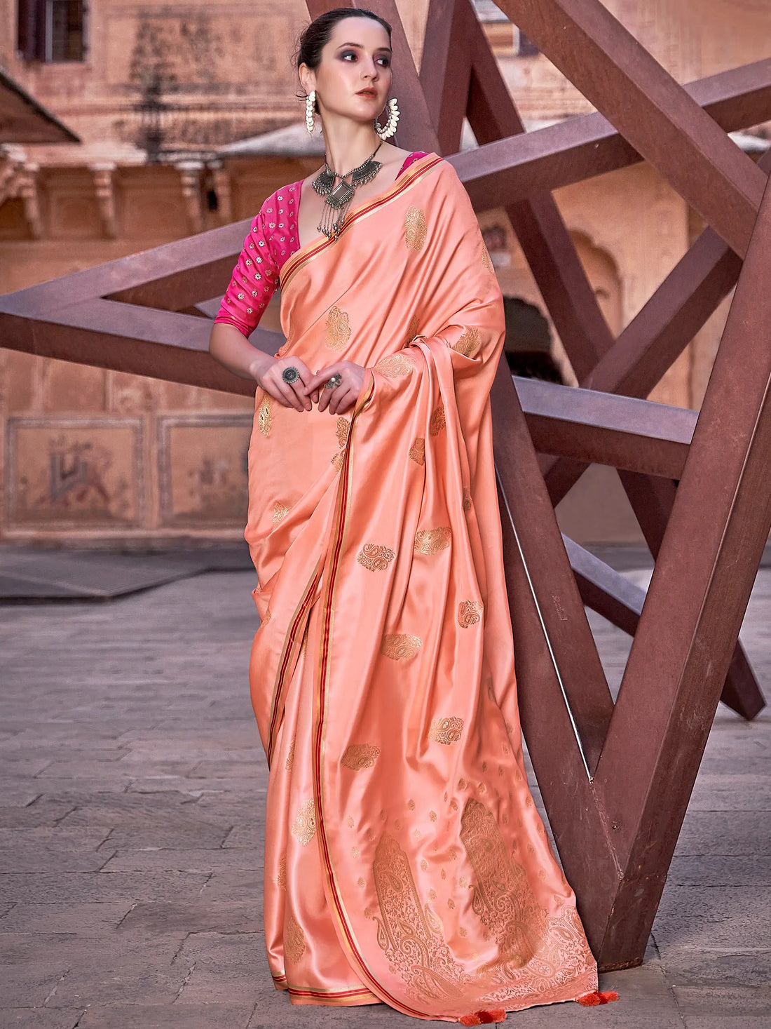 Amazing Peach Zari Weaving Satin Festive Wear Saree With Blouse - Zeel Clothing