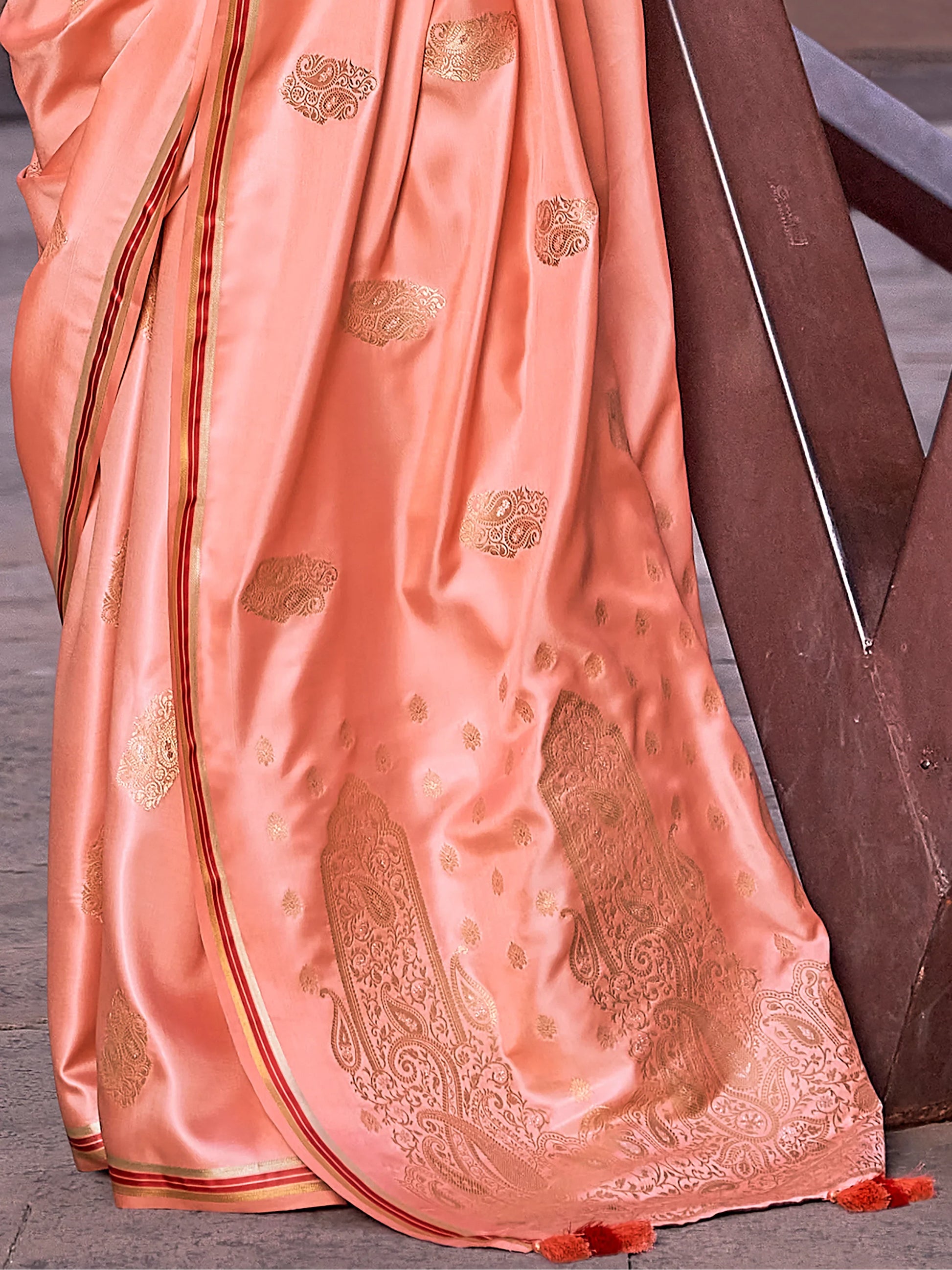 Amazing Peach Zari Weaving Satin Festive Wear Saree With Blouse - Zeel Clothing