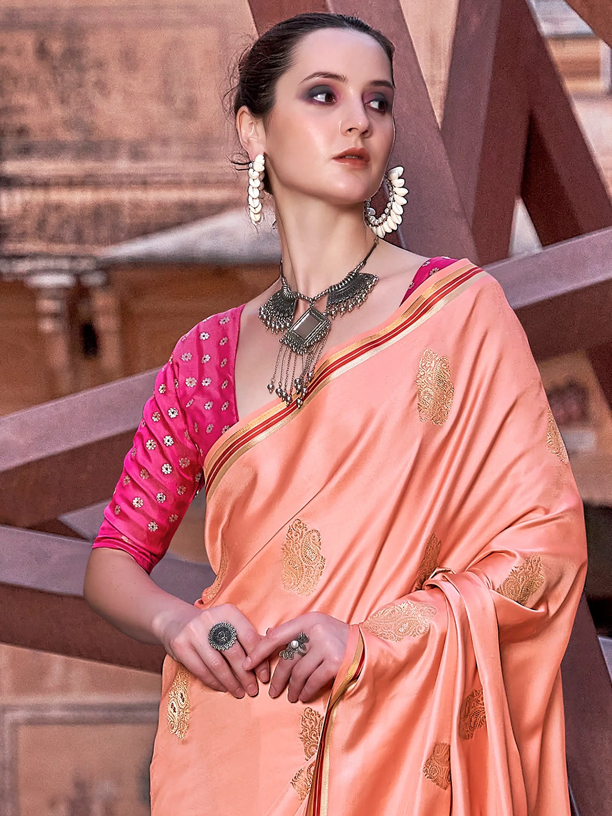 Amazing Peach Zari Weaving Satin Festive Wear Saree With Blouse - Zeel Clothing