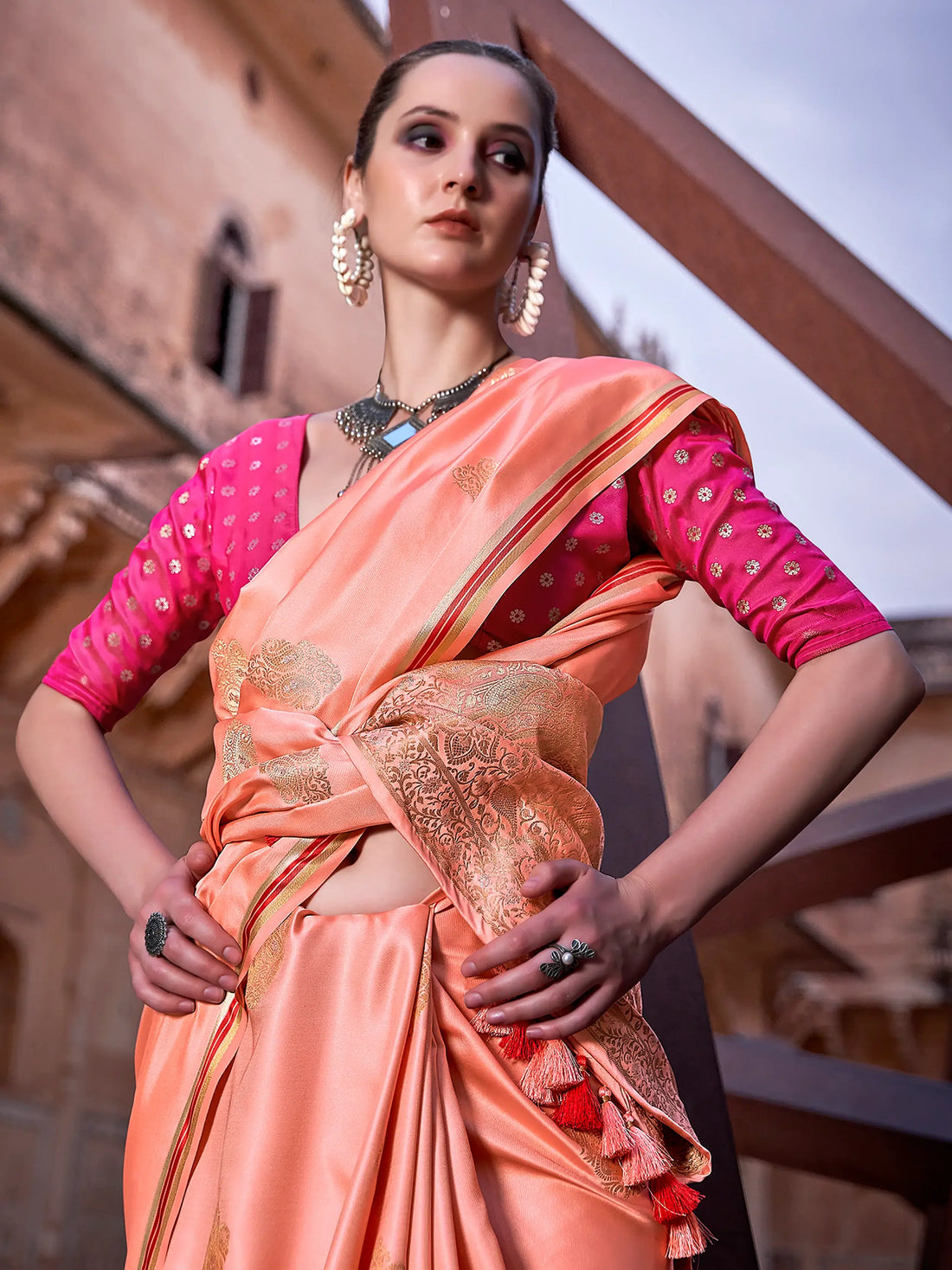 Amazing Peach Zari Weaving Satin Festive Wear Saree With Blouse - Zeel Clothing