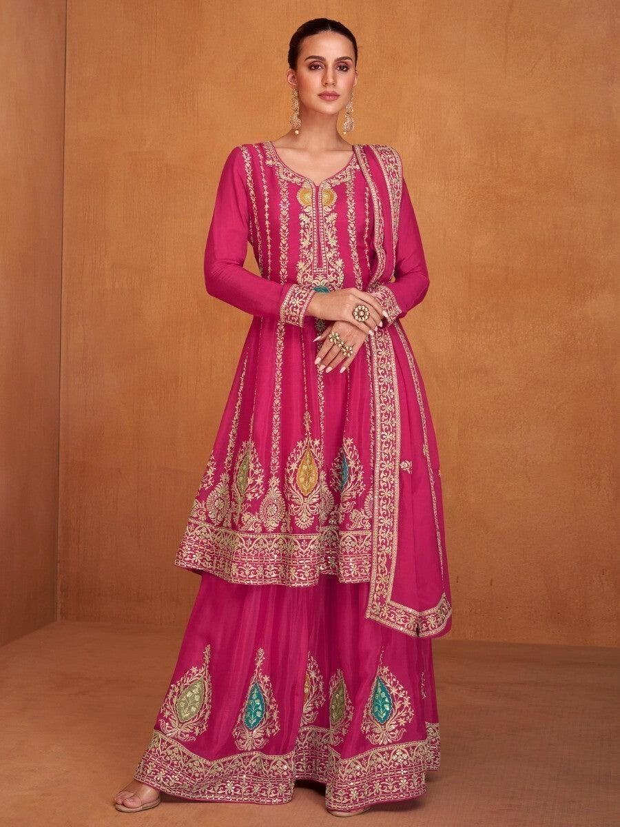 Amazing Pink Embroidered Chinon Wedding Wear Palazzo Suits