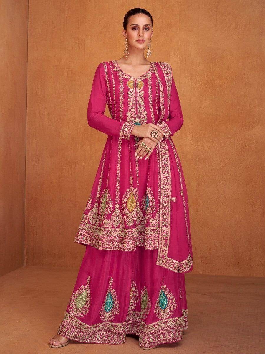 Amazing Pink Embroidered Chinon Wedding Wear Palazzo Suits - Zeel Clothing
