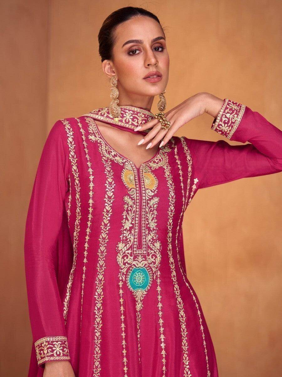 Amazing Pink Embroidered Chinon Wedding Wear Palazzo Suits - Zeel Clothing