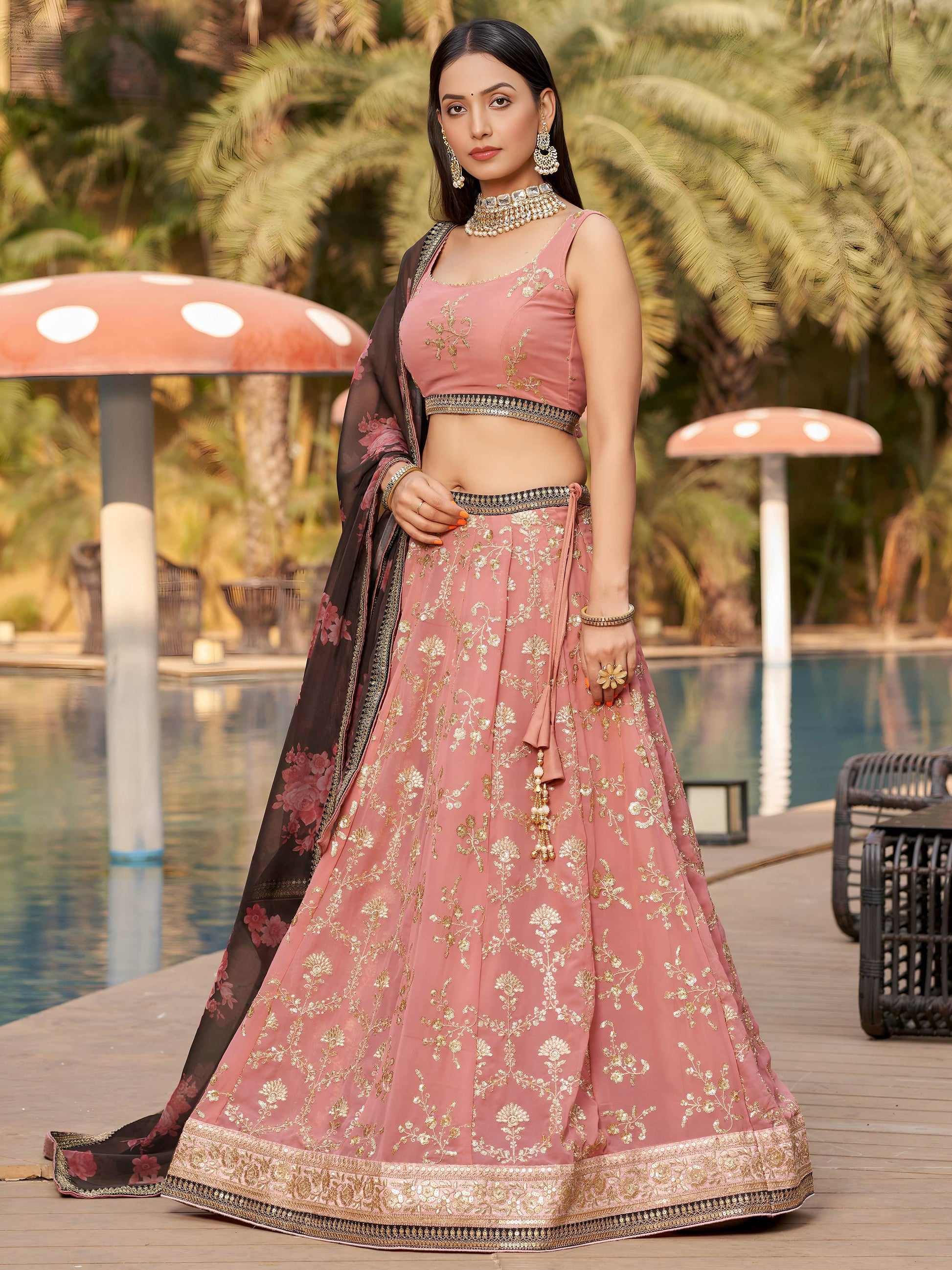 Amazing Pink Embroidered Georgette Wedding Wear Lehenga Choli