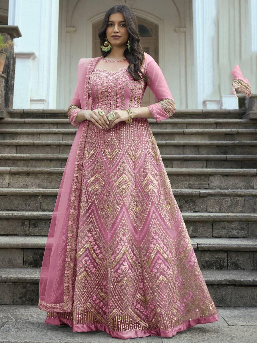 Amazing Pink Embroidered Net Weeding Wear Anarkali Suit - Zeel Clothing