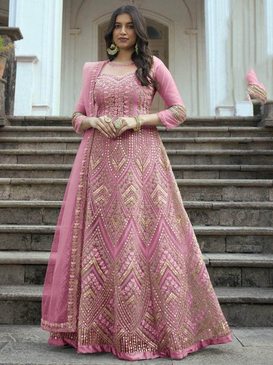 Amazing Pink Embroidered Net Weeding Wear Anarkali Suit - Zeel Clothing