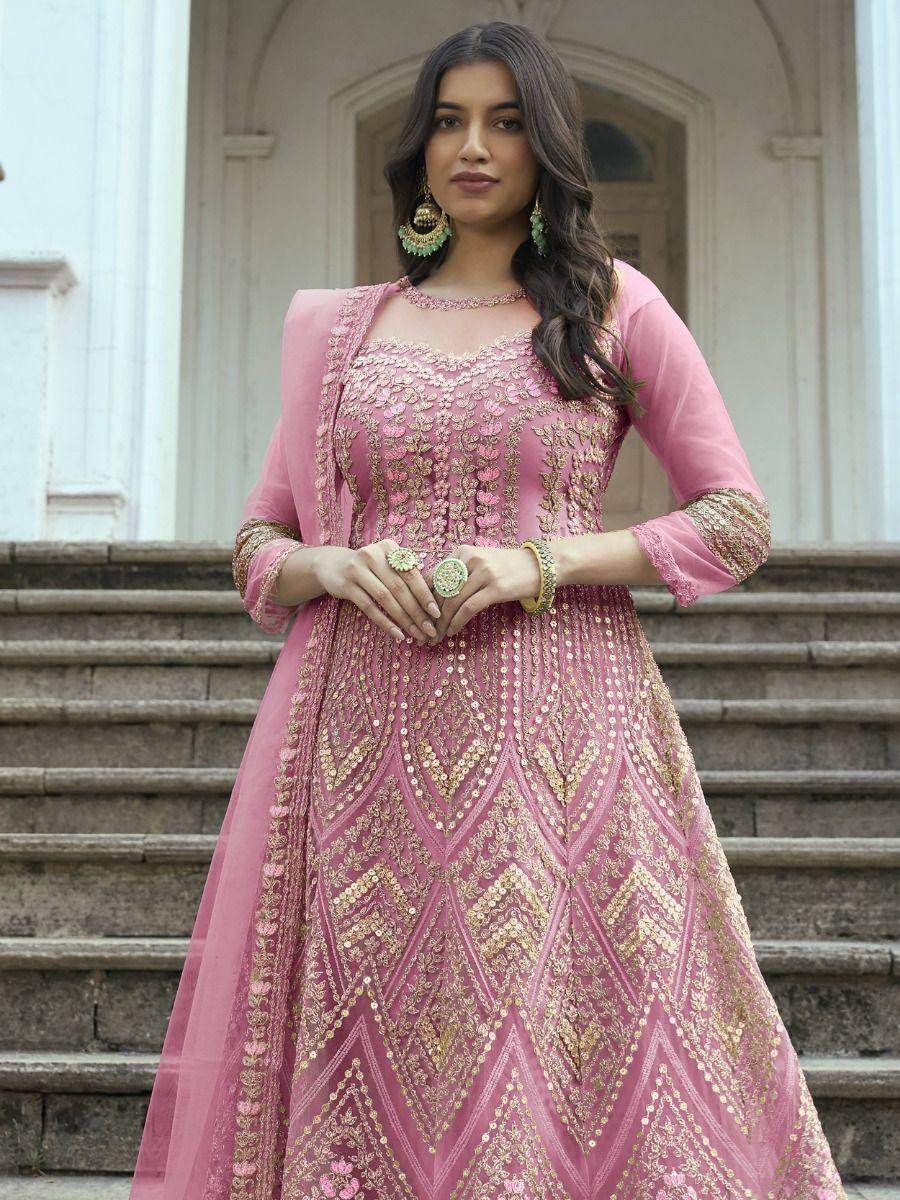 Amazing Pink Embroidered Net Weeding Wear Anarkali Suit - Zeel Clothing
