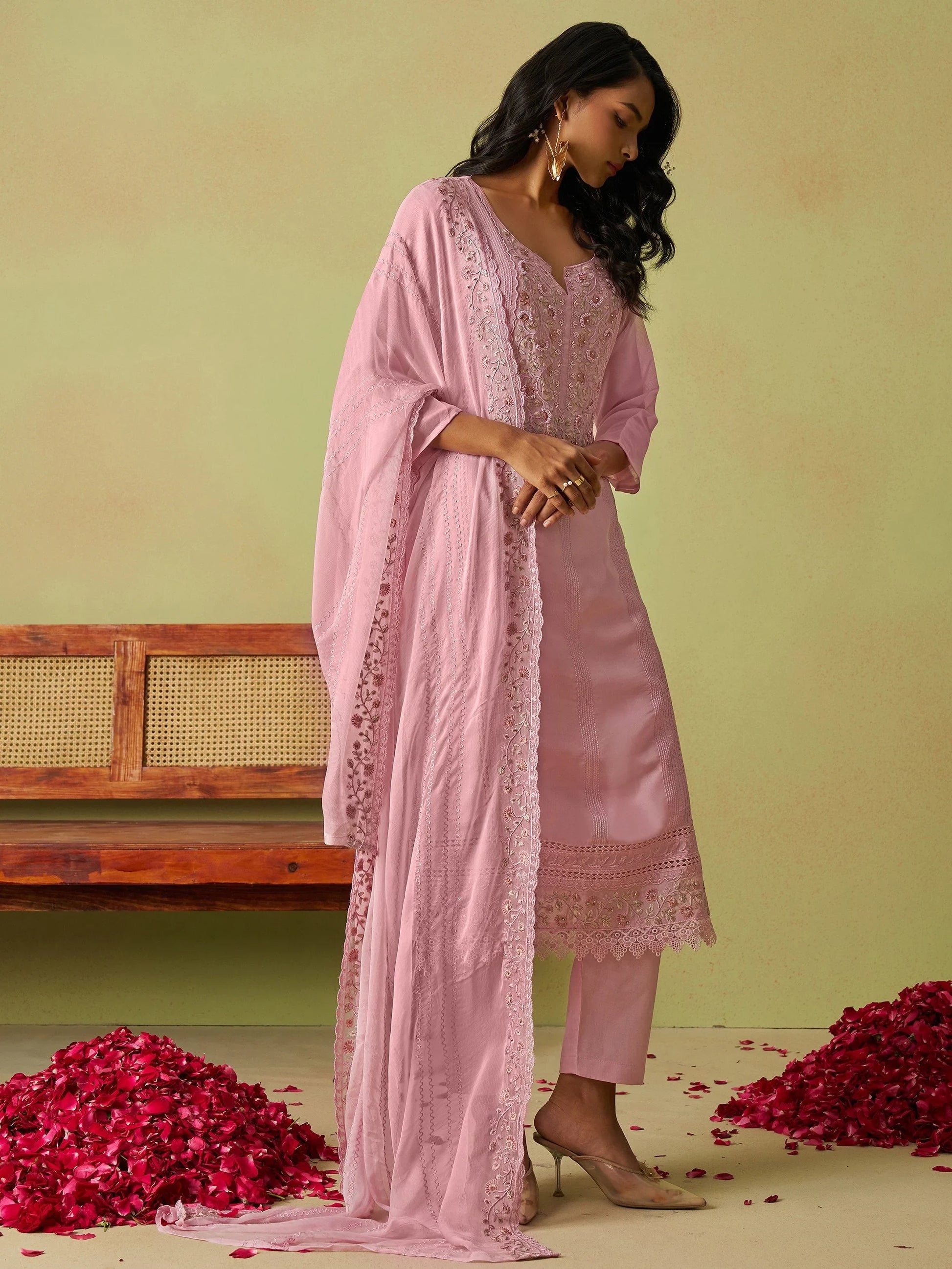 Amazing Pink Floral Embroidered Organza Festive Wear Pant Suit With Dupatta - Zeel Clothing