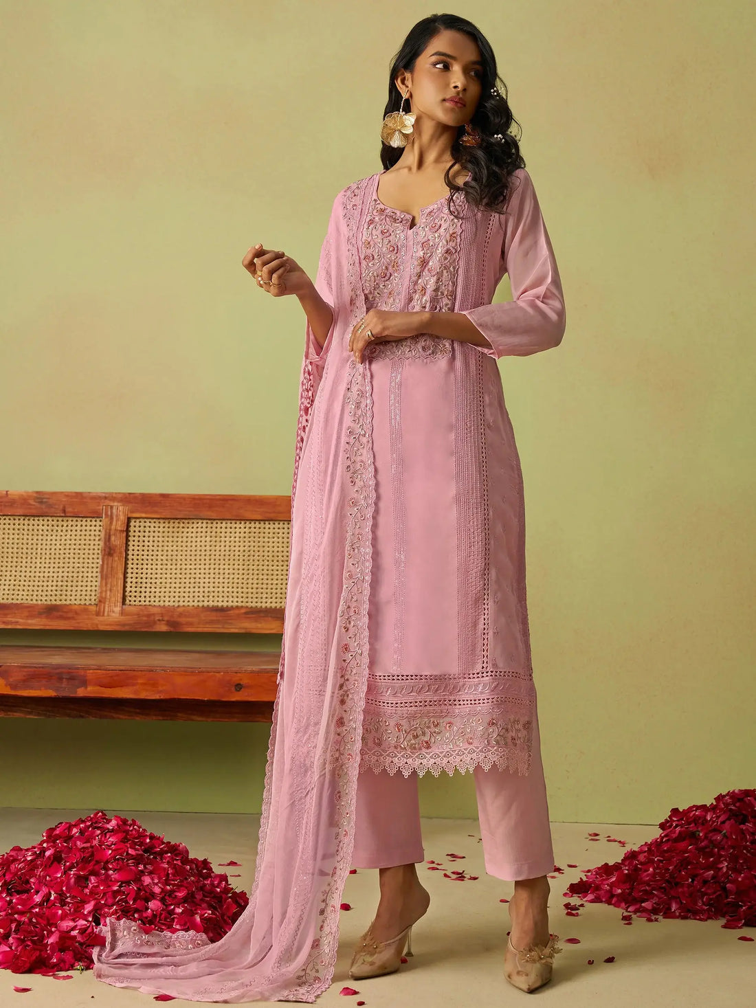 Amazing Pink Floral Embroidered Organza Festive Wear Pant Suit With Dupatta - Zeel Clothing