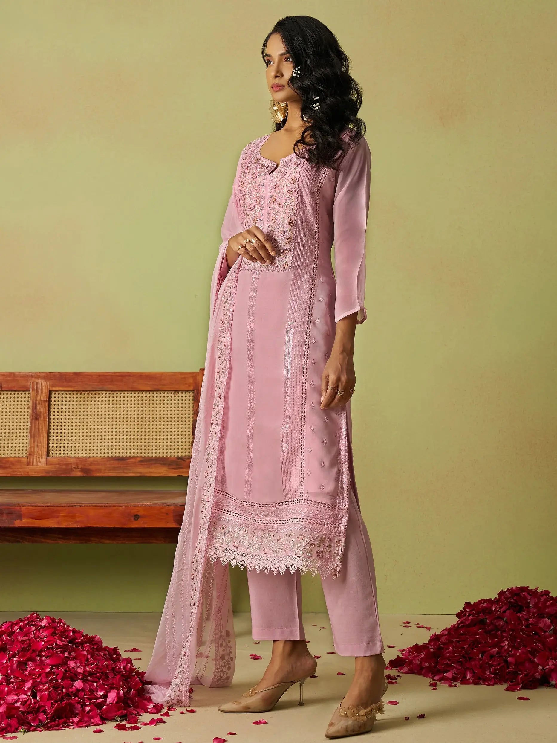 Amazing Pink Floral Embroidered Organza Festive Wear Pant Suit With Dupatta - Zeel Clothing