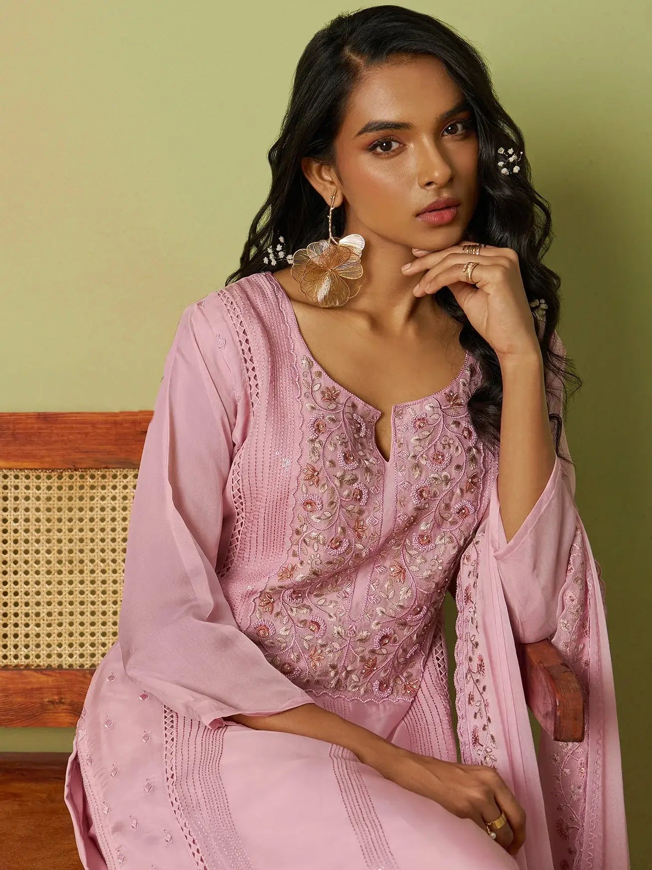 Amazing Pink Floral Embroidered Organza Festive Wear Pant Suit With Dupatta - Zeel Clothing