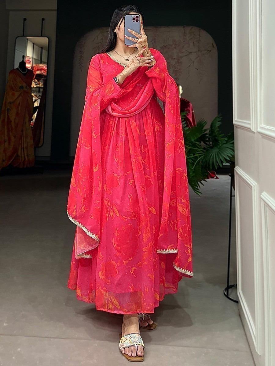 Amazing Pink Floral Printed Georgette Events Wear Gown With Dupatta