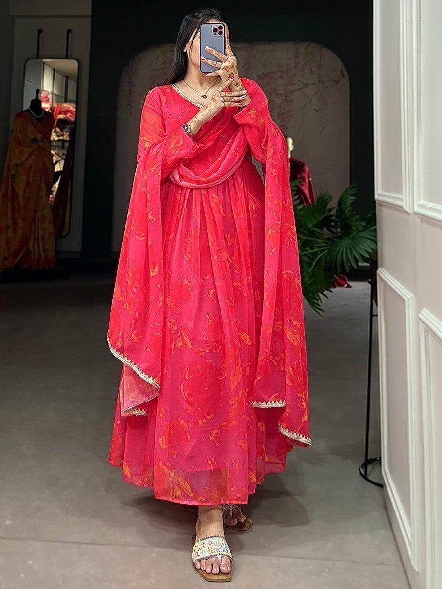 Amazing Pink Floral Printed Georgette Events Wear Gown With Dupatta - Zeel Clothing