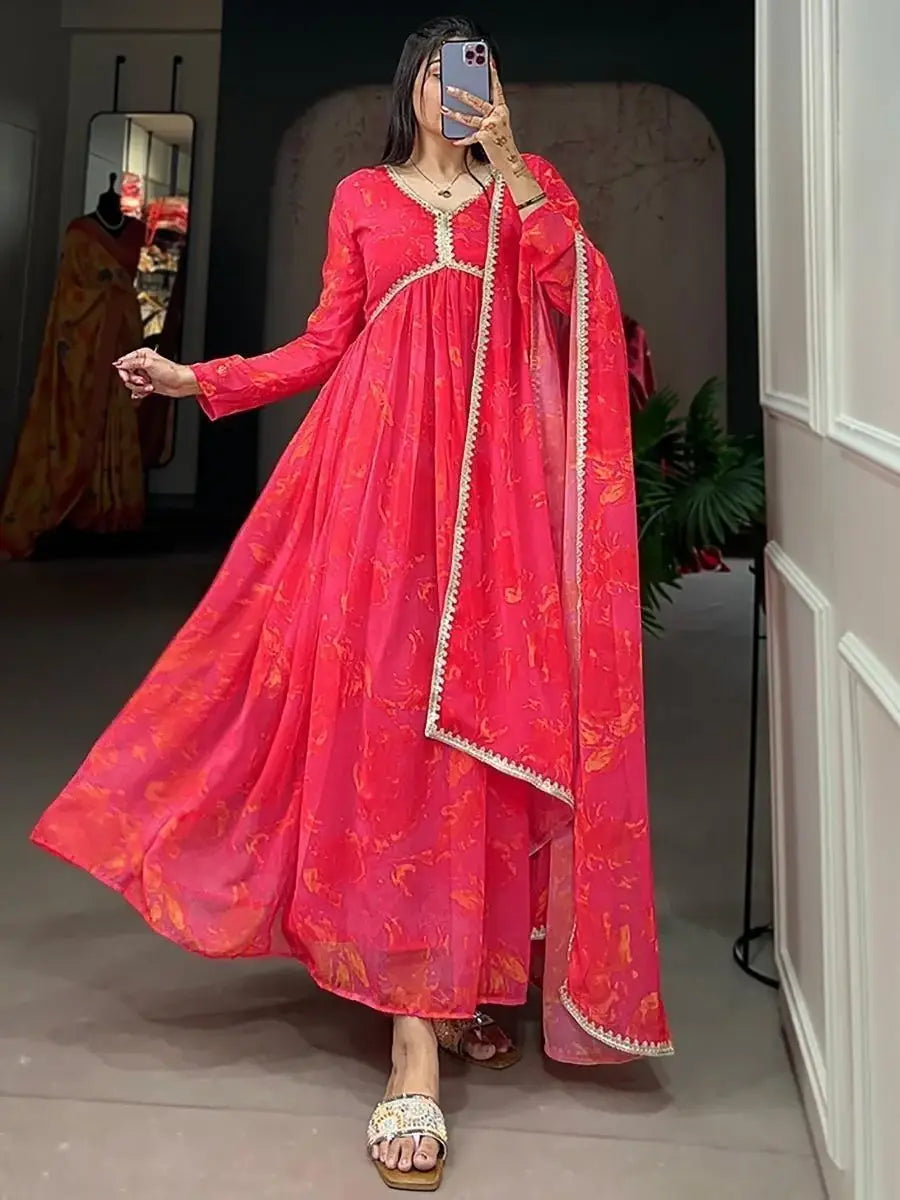 Amazing Pink Floral Printed Georgette Events Wear Gown With Dupatta - Zeel Clothing