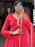Amazing Pink Floral Printed Georgette Events Wear Gown With Dupatta - Zeel Clothing