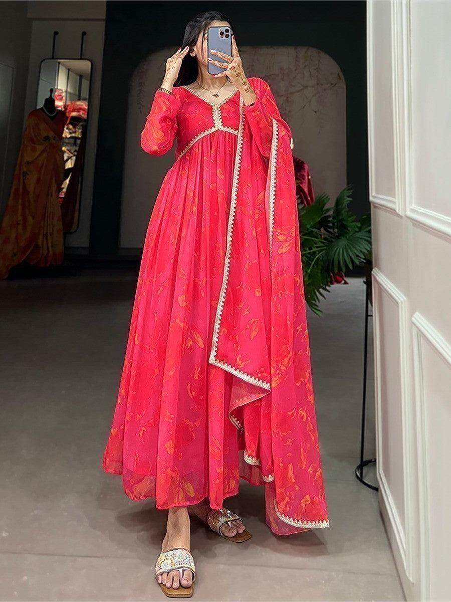 Amazing Pink Floral Printed Georgette Events Wear Gown With Dupatta - Zeel Clothing
