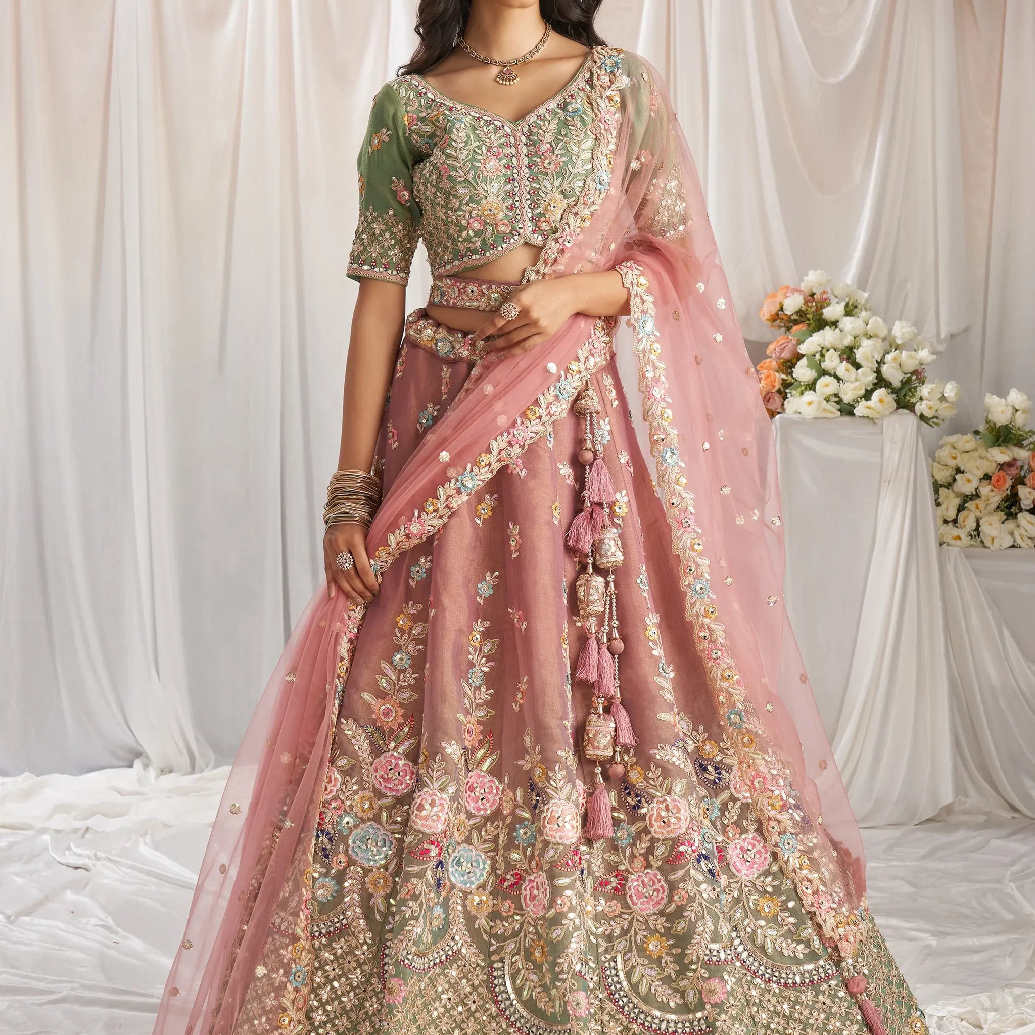 Amazing Pink Sequins Tissue Silk Bridesmaid Lehenga Choli With Dupatta - Zeel Clothing