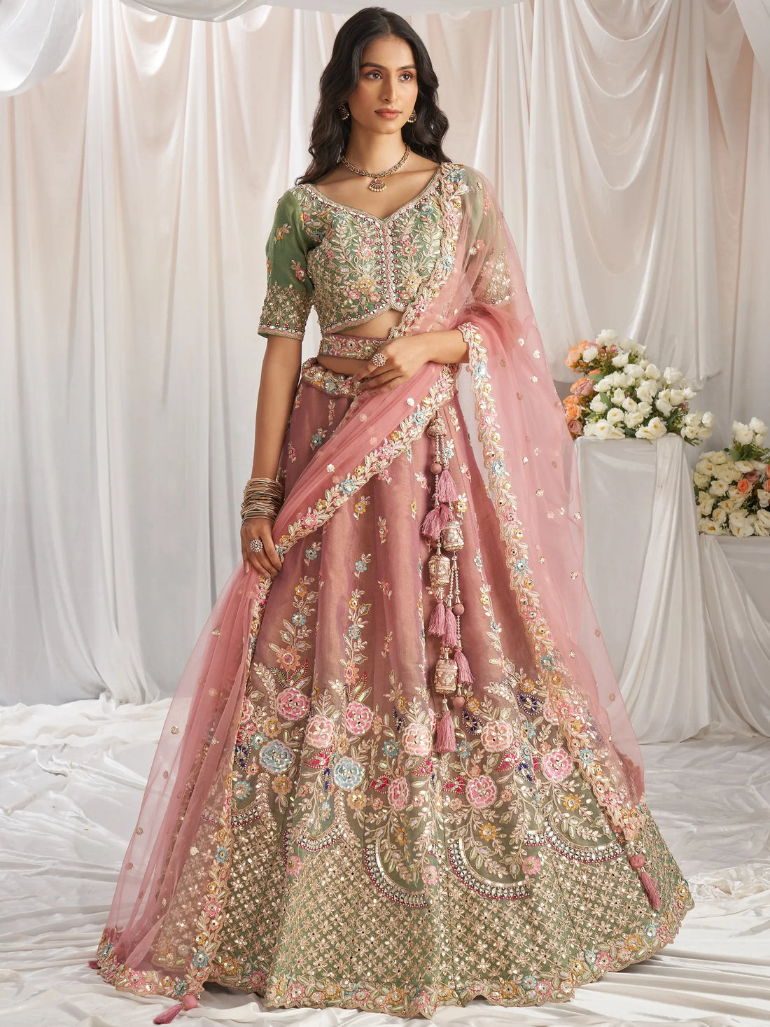 Amazing Pink Sequins Tissue Silk Bridesmaid Lehenga Choli With Dupatta - Zeel Clothing