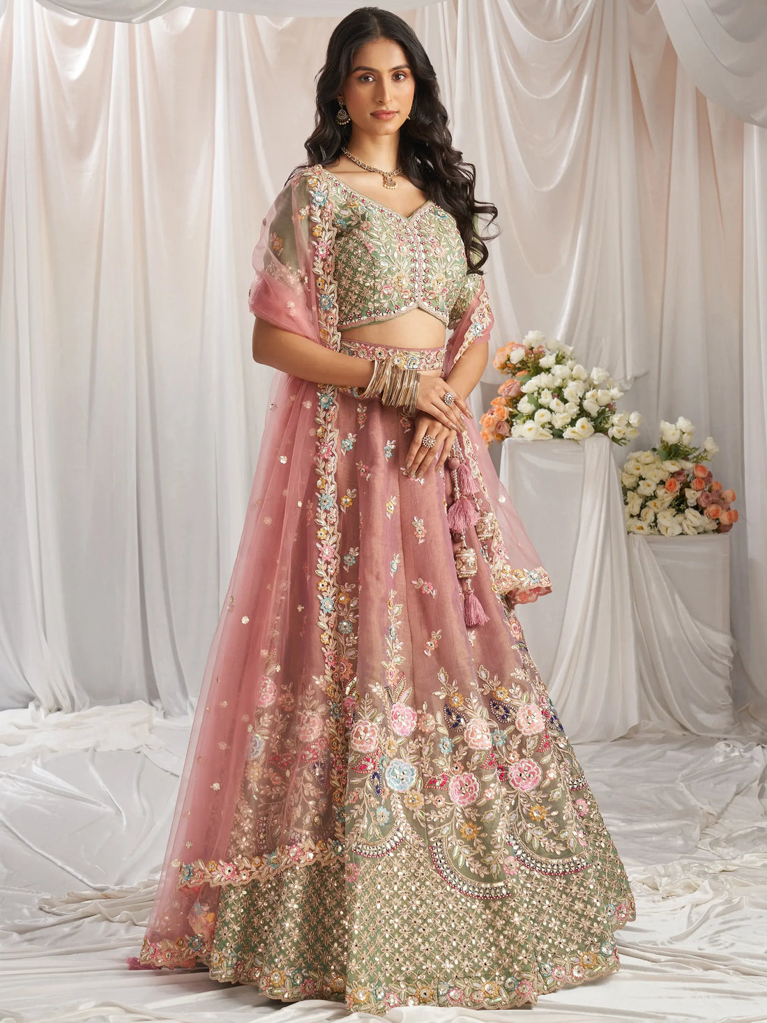 Amazing Pink Sequins Tissue Silk Bridesmaid Lehenga Choli With Dupatta - Zeel Clothing