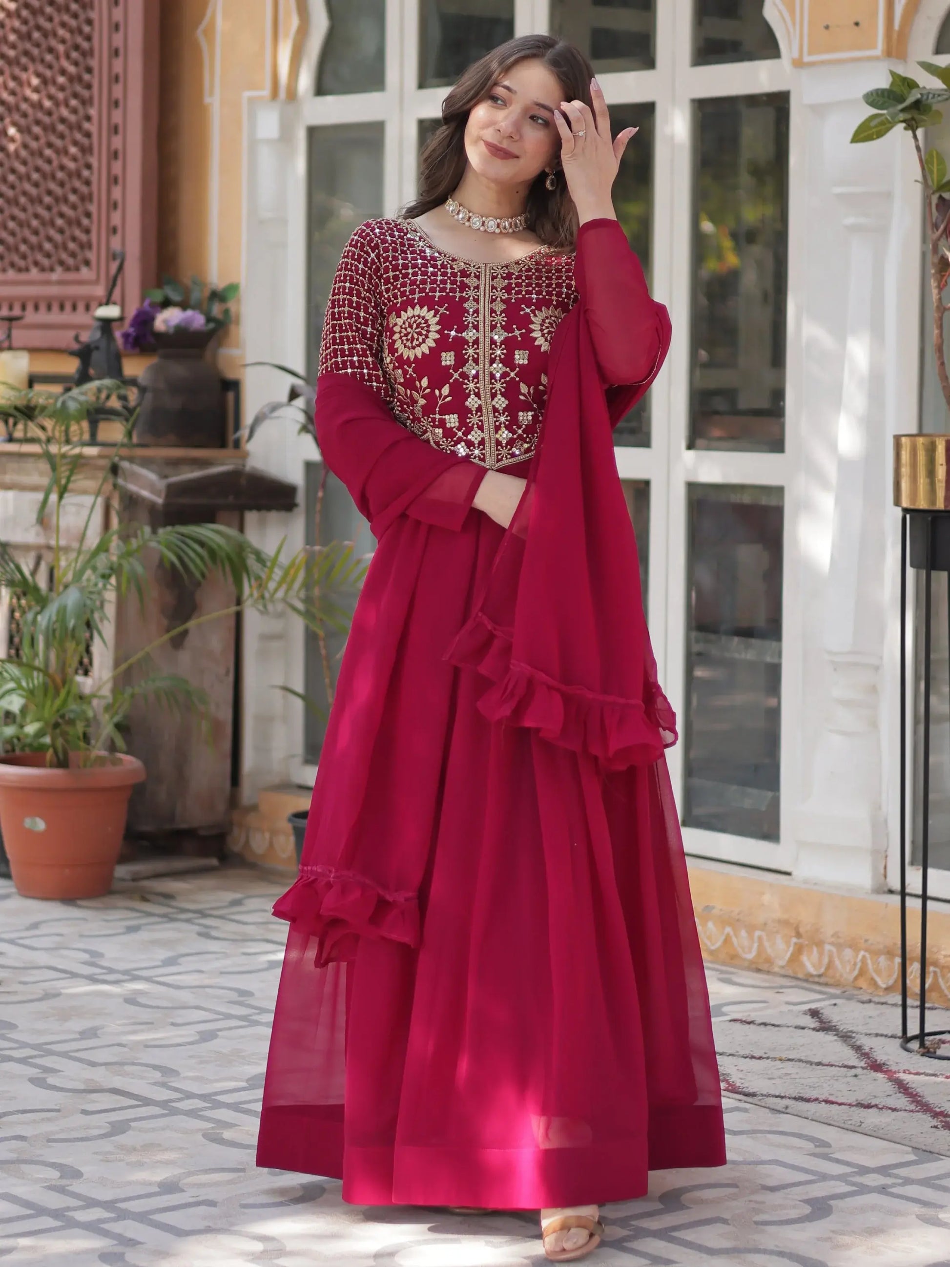 Amazing Pink Sequins Work Georgette Festive Wear Gown With Dupatta - Zeel Clothing