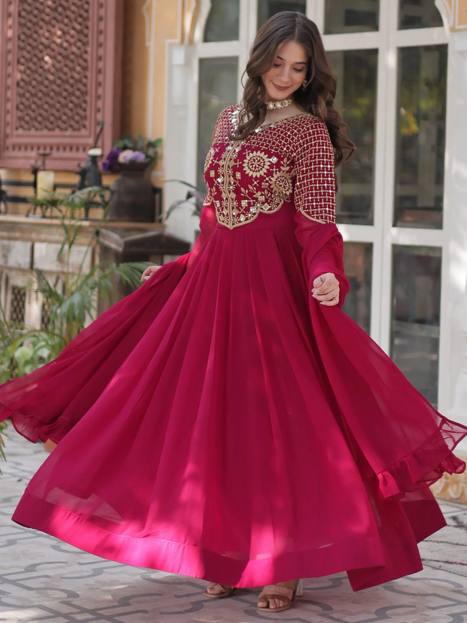 Amazing Pink Sequins Work Georgette Festive Wear Gown With Dupatta - Zeel Clothing