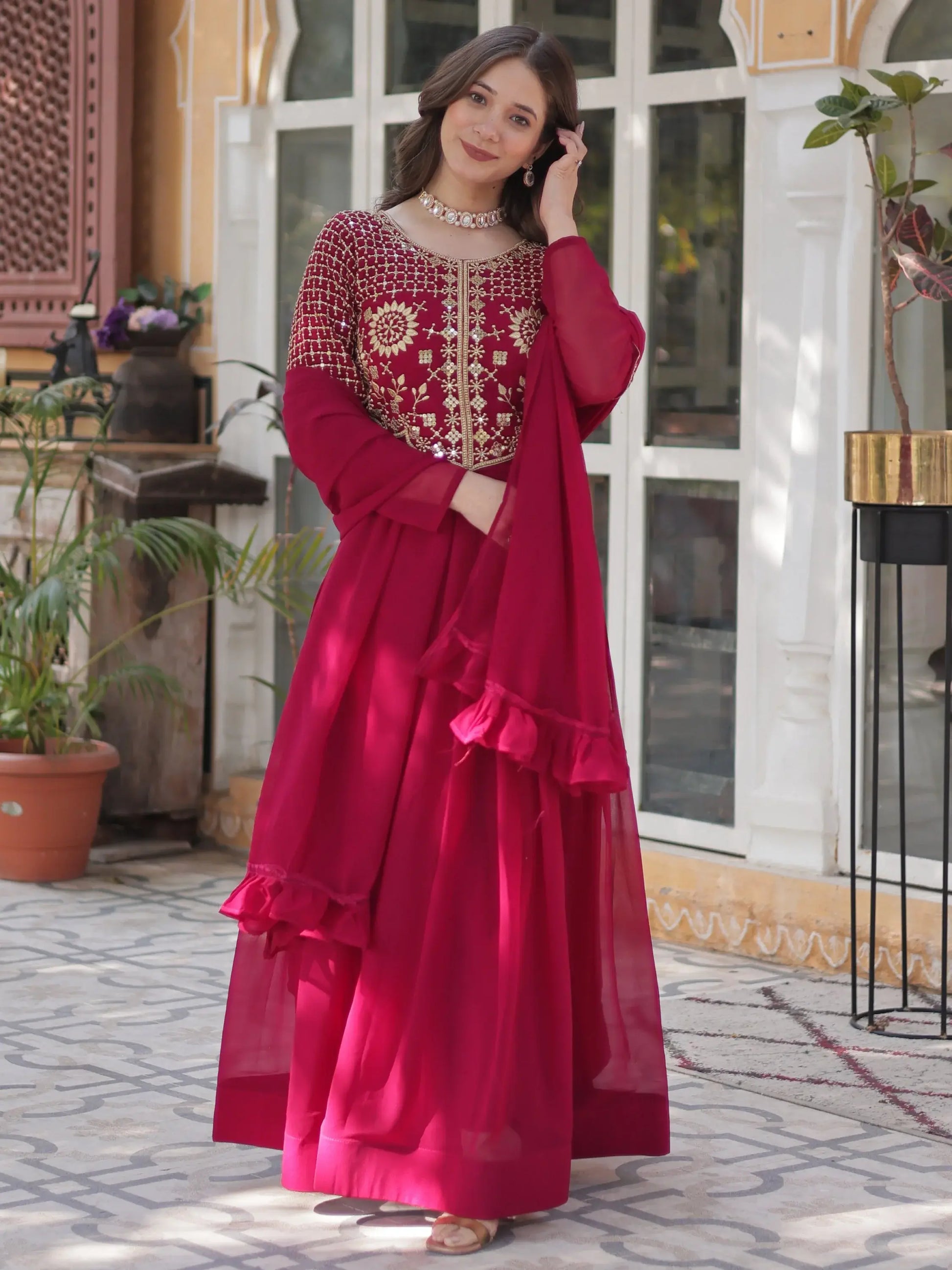 Amazing Pink Sequins Work Georgette Festive Wear Gown With Dupatta - Zeel Clothing