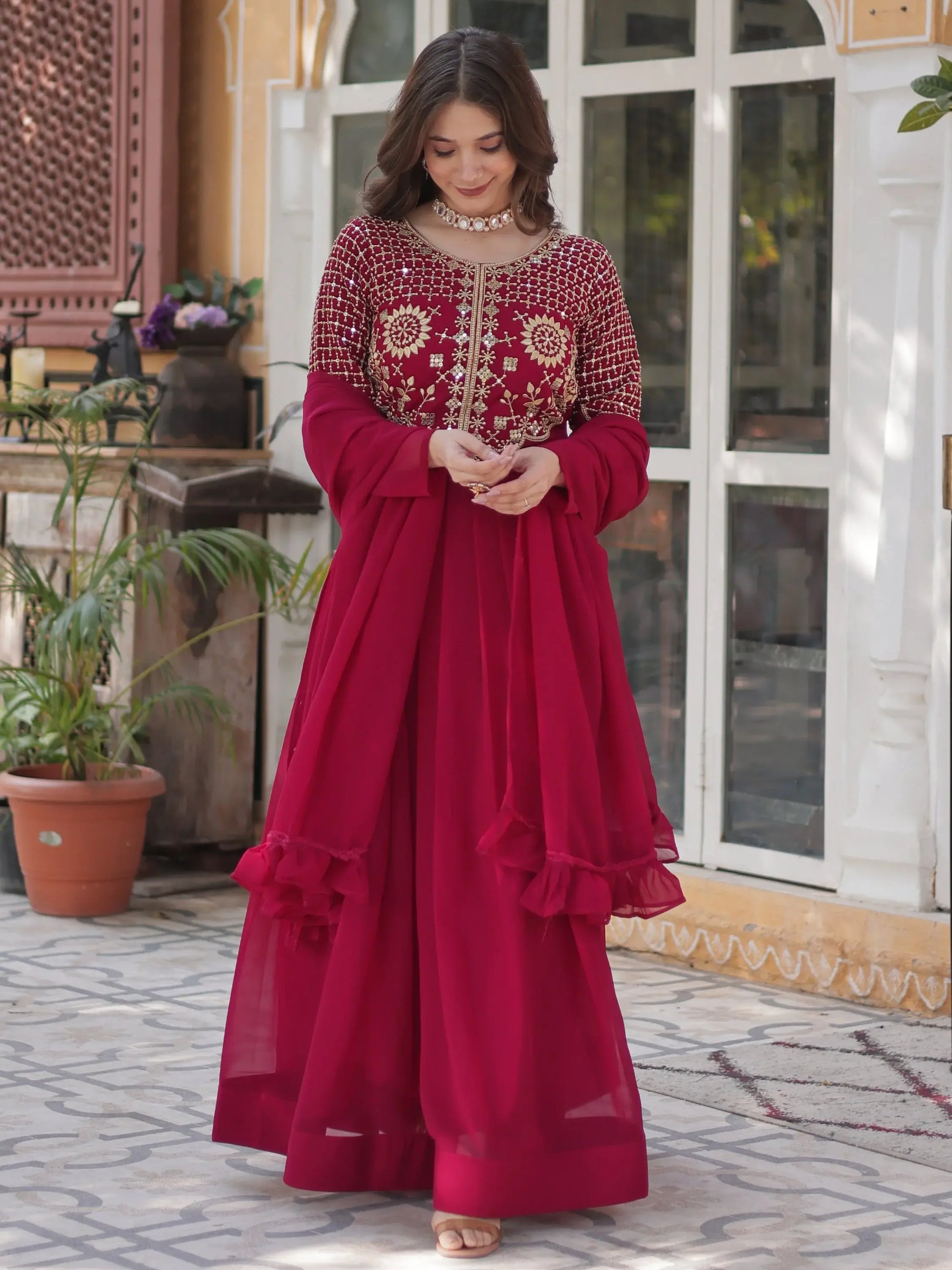 Amazing Pink Sequins Work Georgette Festive Wear Gown With Dupatta - Zeel Clothing