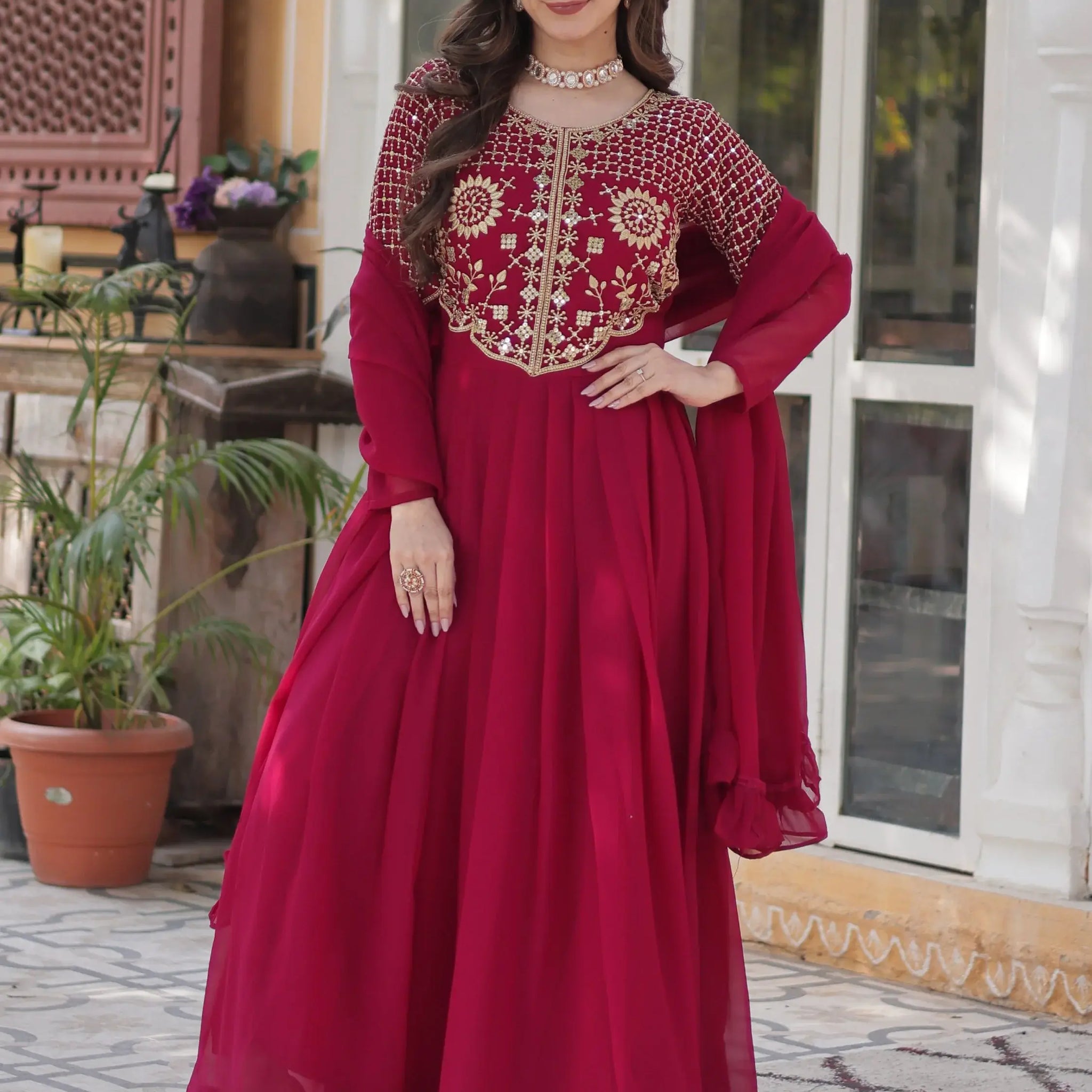 Amazing Pink Sequins Work Georgette Festive Wear Gown With Dupatta - Zeel Clothing