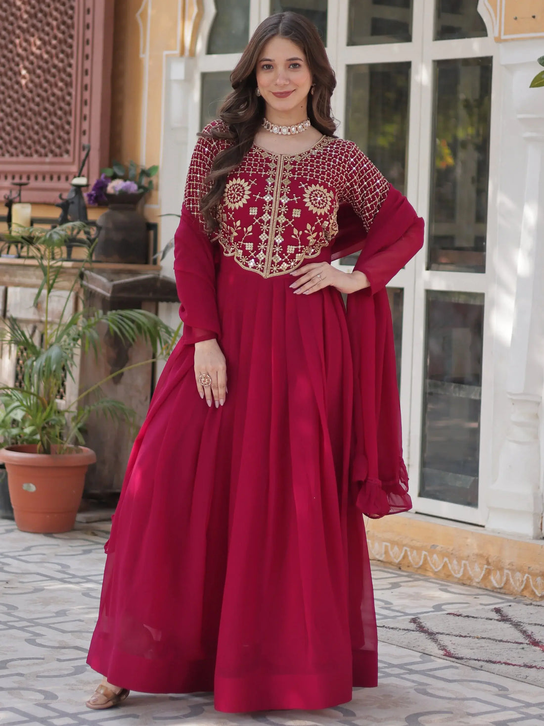 Amazing Pink Sequins Work Georgette Festive Wear Gown With Dupatta - Zeel Clothing