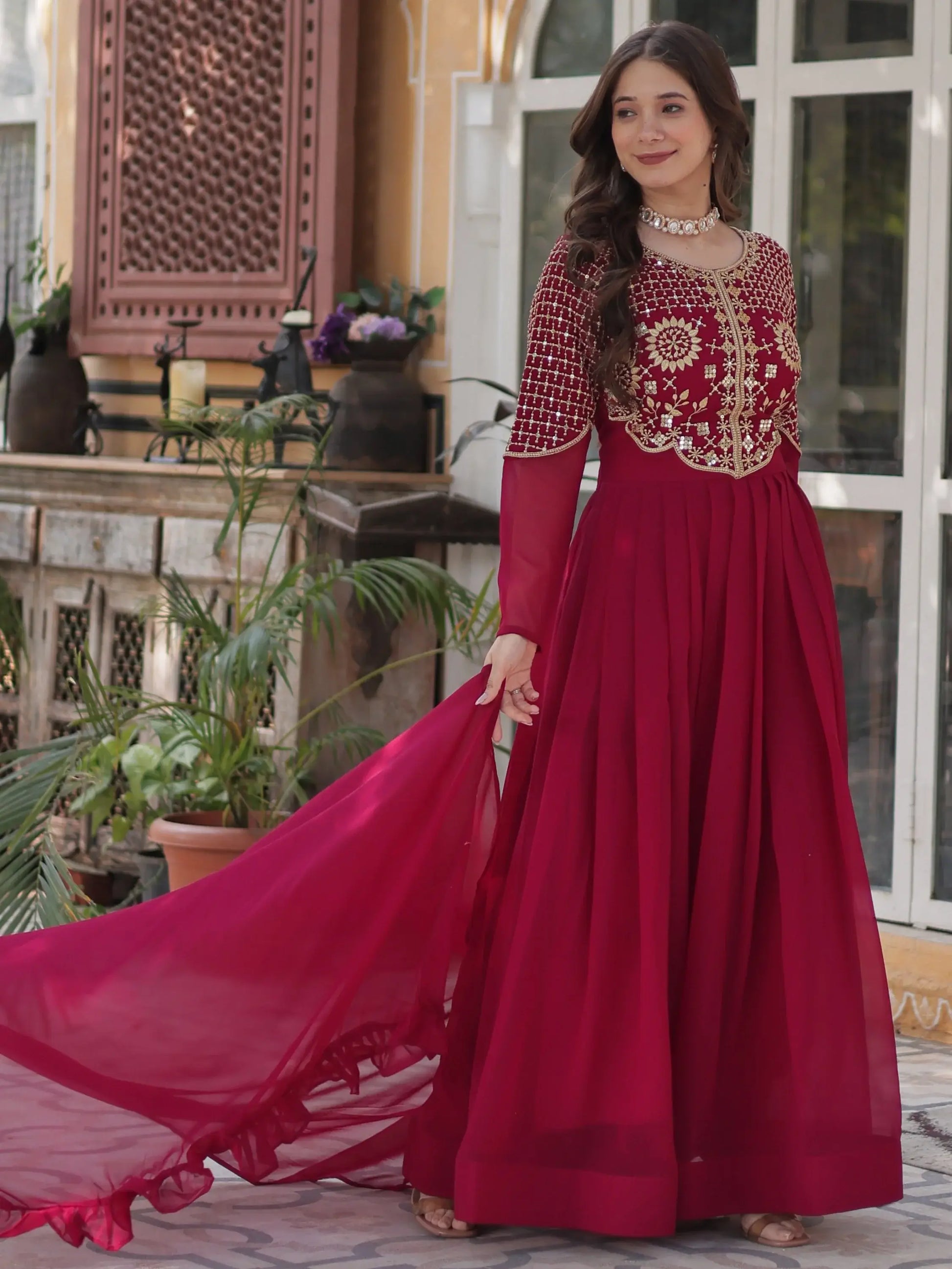 Amazing Pink Sequins Work Georgette Festive Wear Gown With Dupatta - Zeel Clothing