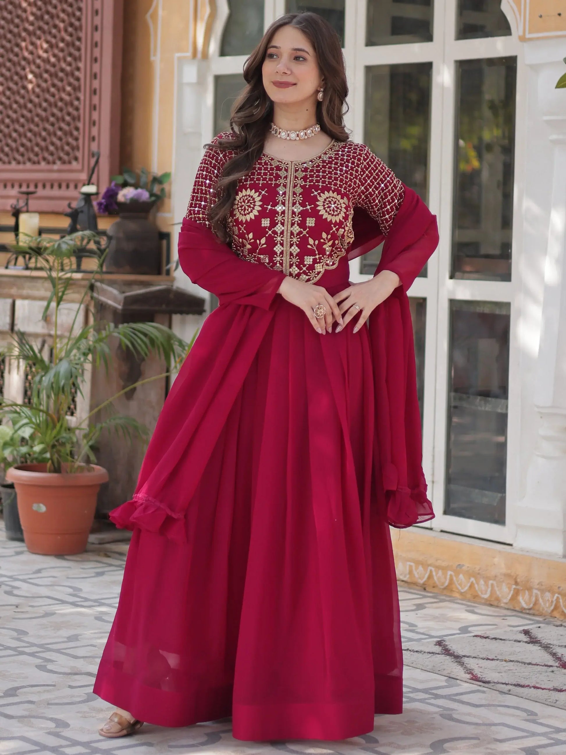 Amazing Pink Sequins Work Georgette Festive Wear Gown With Dupatta - Zeel Clothing