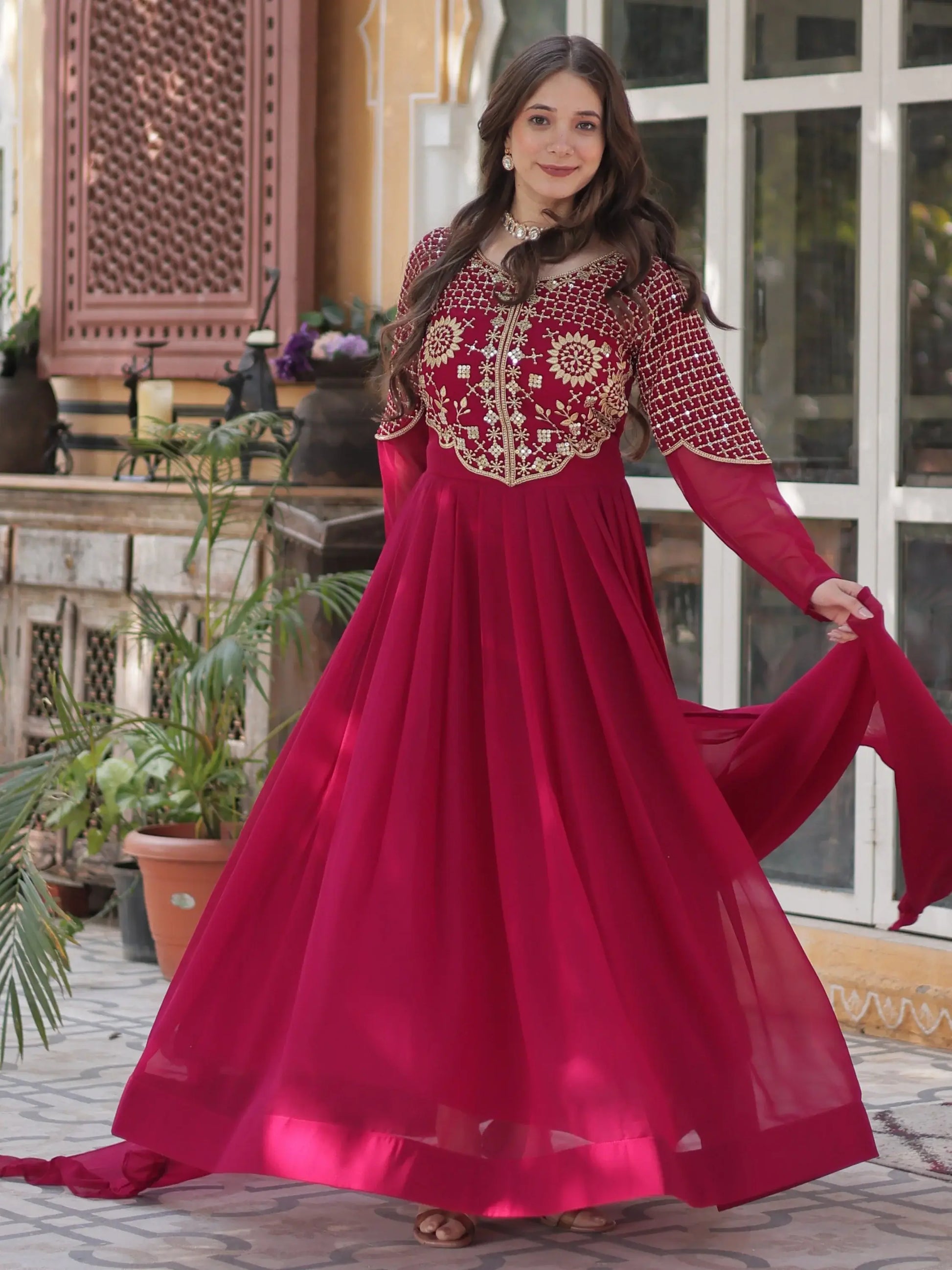 Amazing Pink Sequins Work Georgette Festive Wear Gown With Dupatta - Zeel Clothing