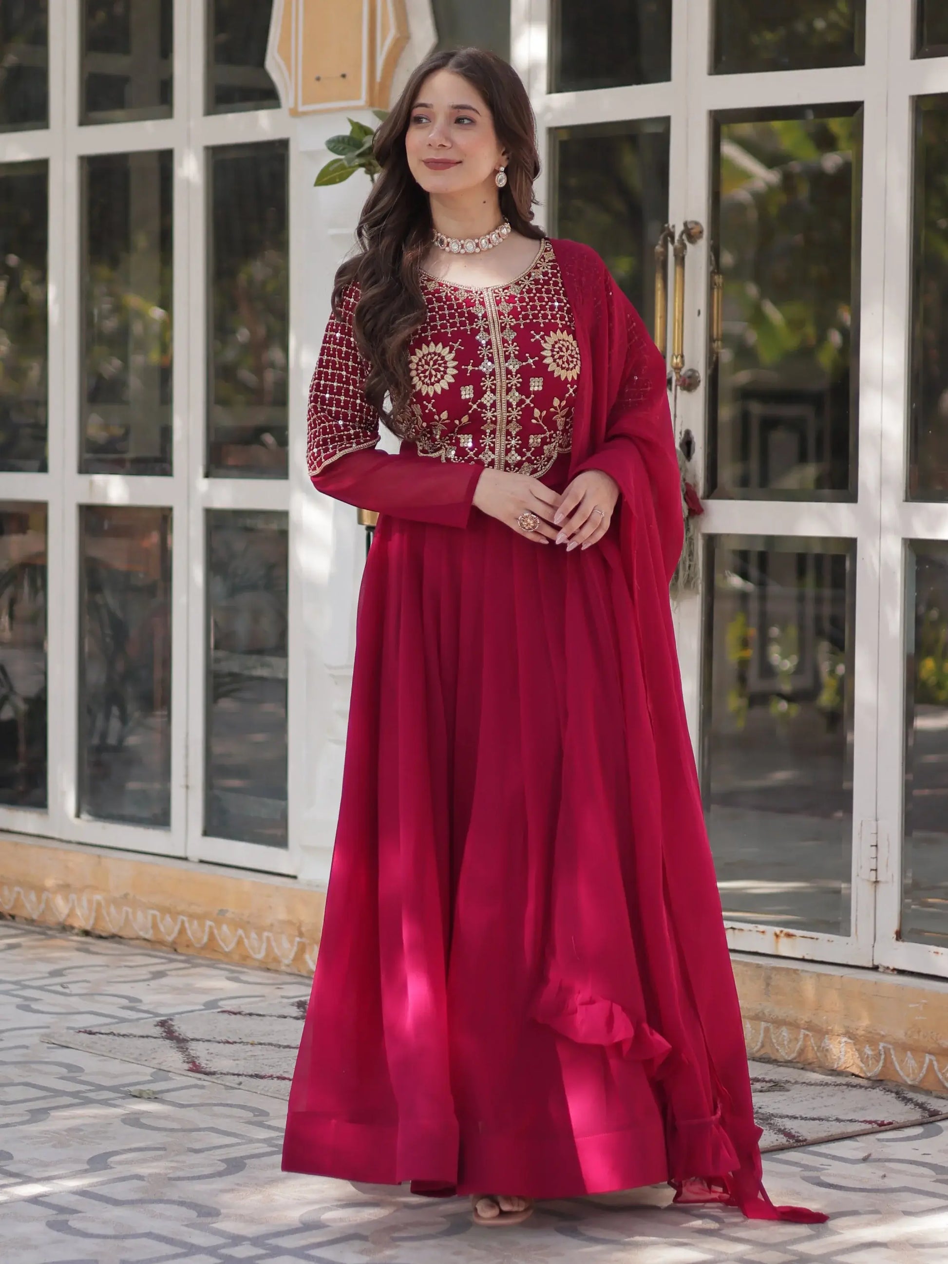 Amazing Pink Sequins Work Georgette Festive Wear Gown With Dupatta - Zeel Clothing