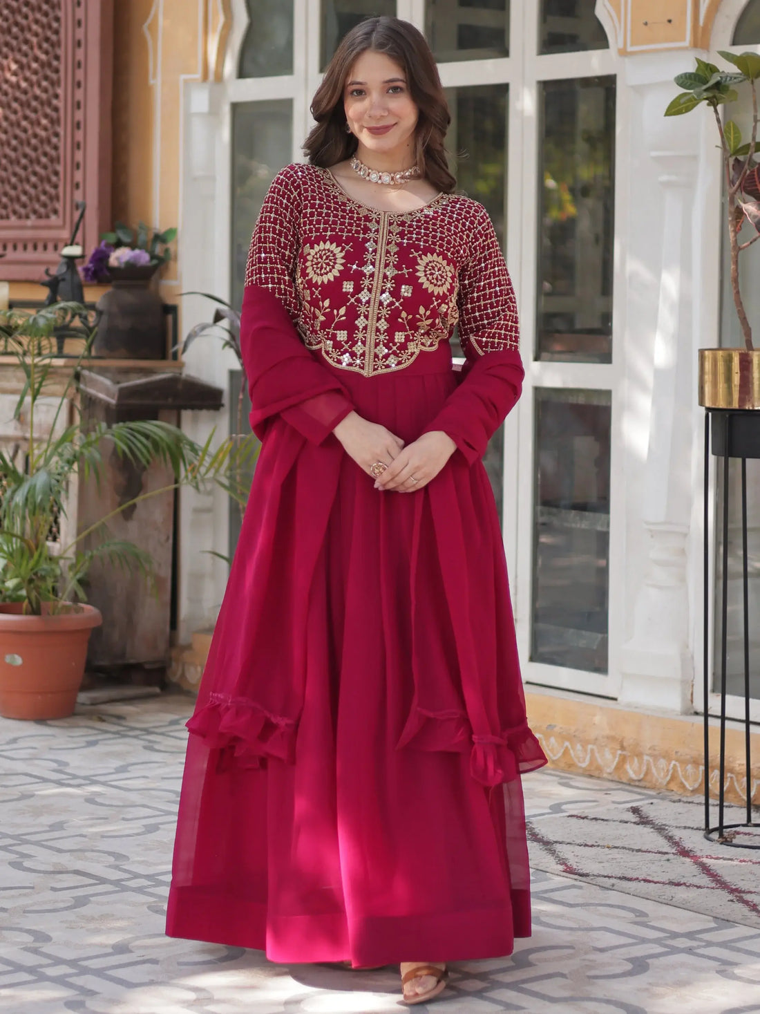 Amazing Pink Sequins Work Georgette Festive Wear Gown With Dupatta - Zeel Clothing