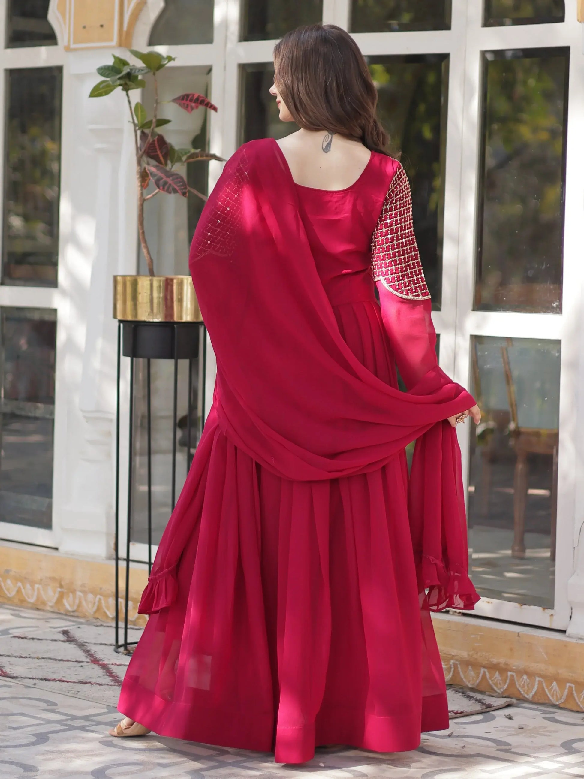 Amazing Pink Sequins Work Georgette Festive Wear Gown With Dupatta - Zeel Clothing