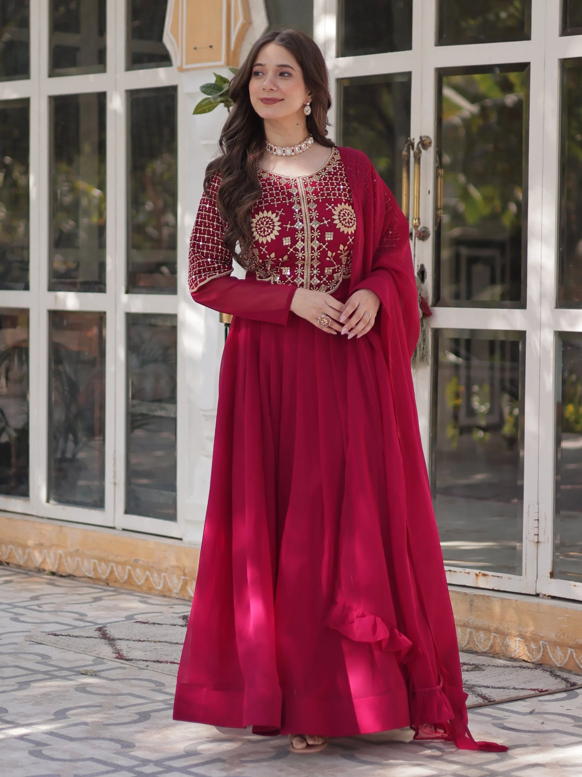 Amazing Pink Sequins Work Georgette Festive Wear Gown With Dupatta - Zeel Clothing