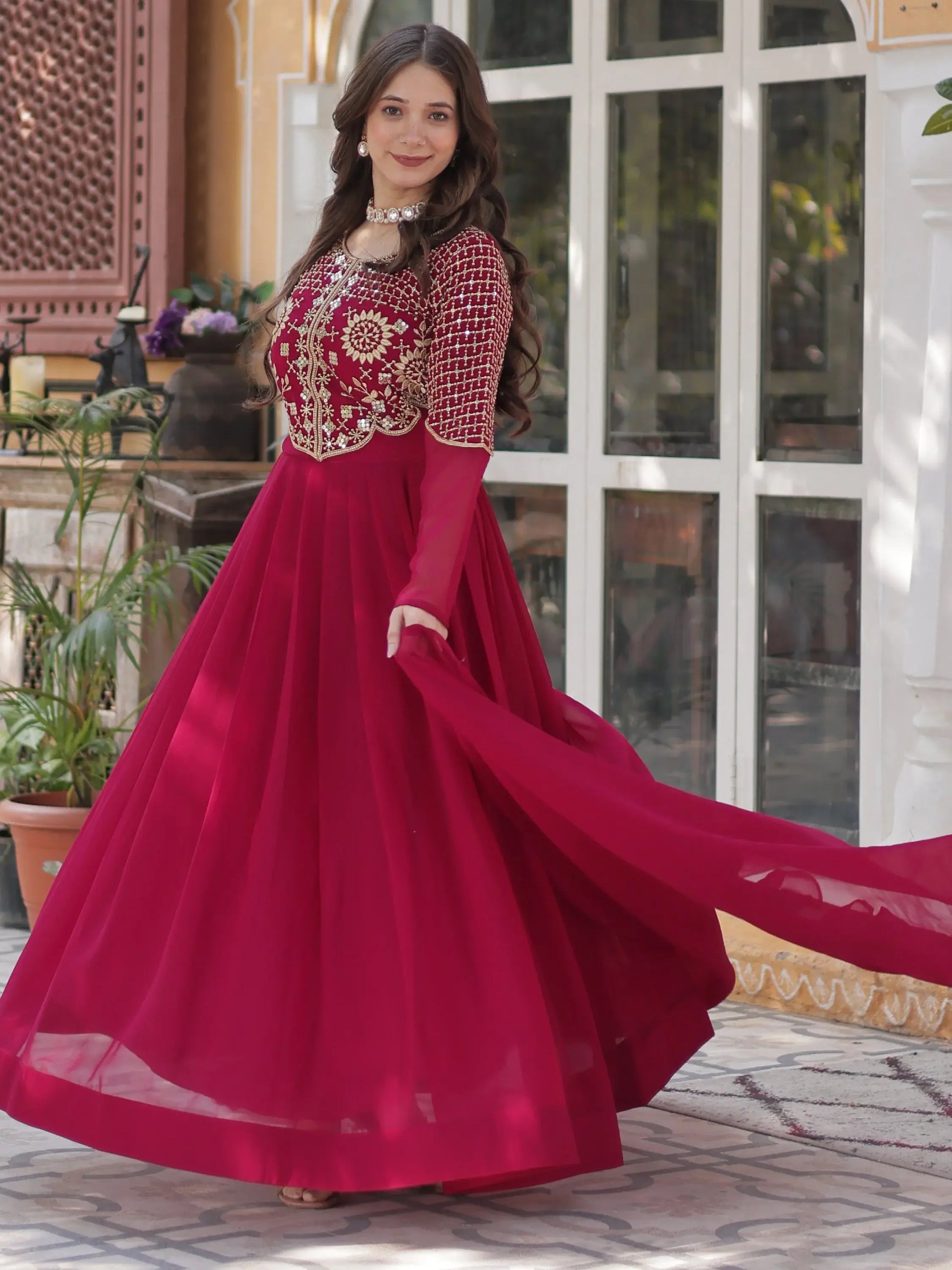 Amazing Pink Sequins Work Georgette Festive Wear Gown With Dupatta - Zeel Clothing