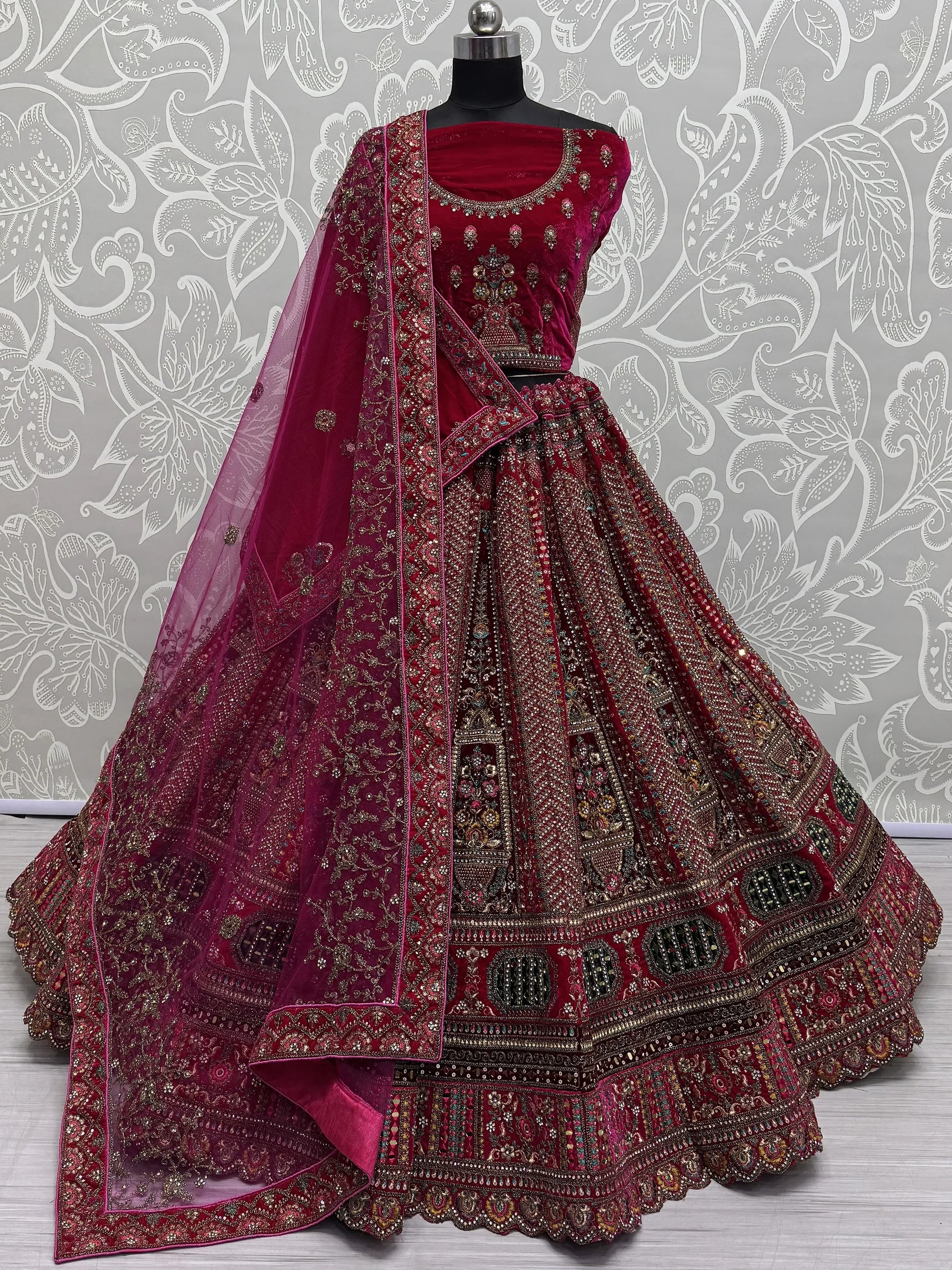 Amazing Pink Velvet Bridal Lehenga Choli With Double Dupatta - Zeel Clothing