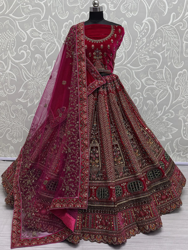 Amazing Pink Velvet Bridal Lehenga Choli With Double Dupatta - Zeel Clothing