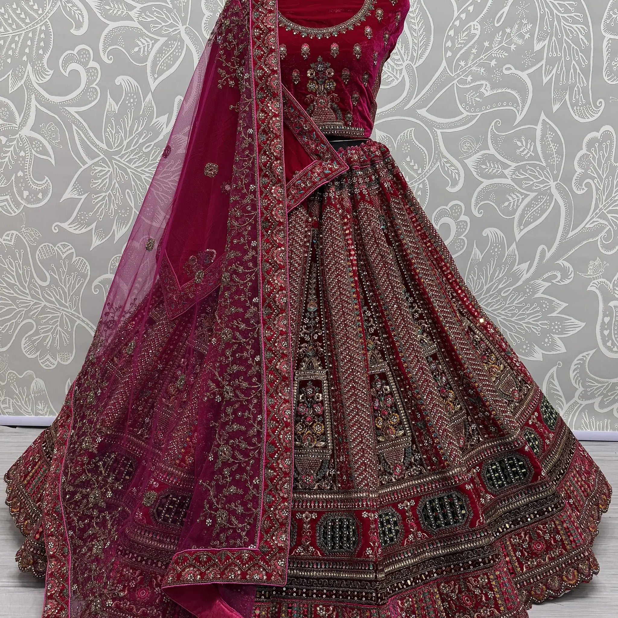 Amazing Pink Velvet Bridal Lehenga Choli With Double Dupatta - Zeel Clothing