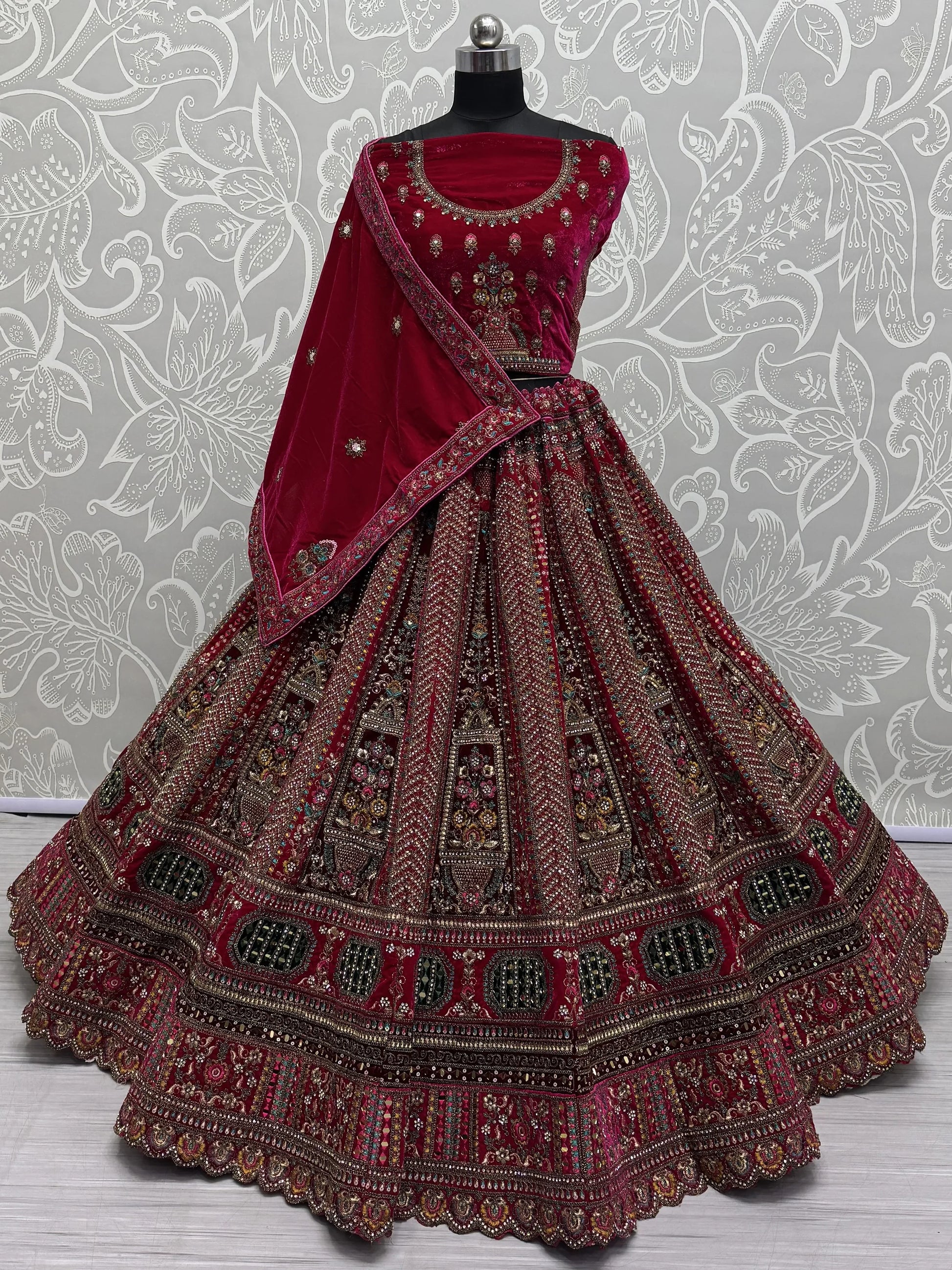 Amazing Pink Velvet Bridal Lehenga Choli With Double Dupatta - Zeel Clothing