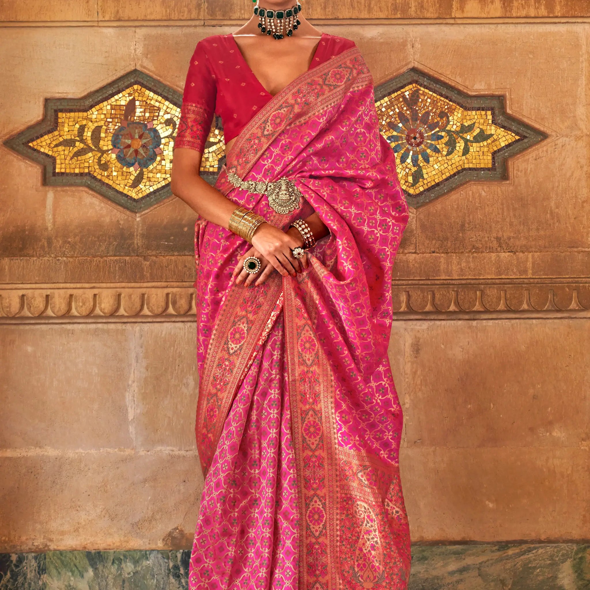 Amazing Pink Weaving Silk Wedding Wear Saree With Blouse - Zeel Clothing