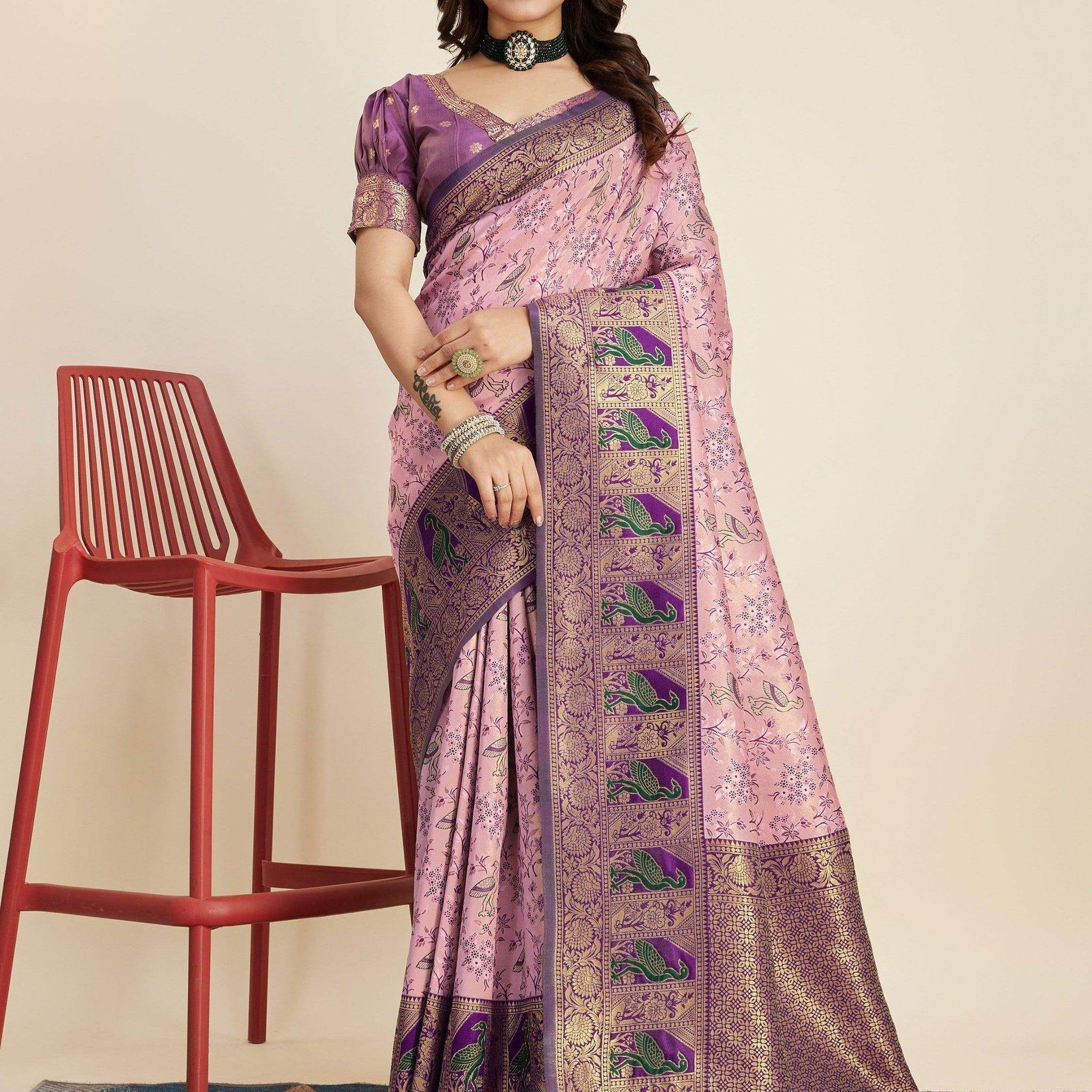 Amazing Pink Zari Weaving Banarasi Silk Traditional Saree With Blouse - Zeel Clothing