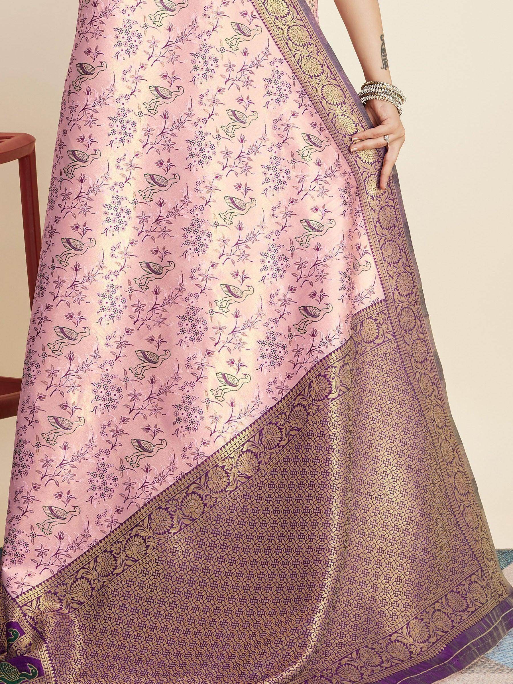 Amazing Pink Zari Weaving Banarasi Silk Traditional Saree With Blouse - Zeel Clothing