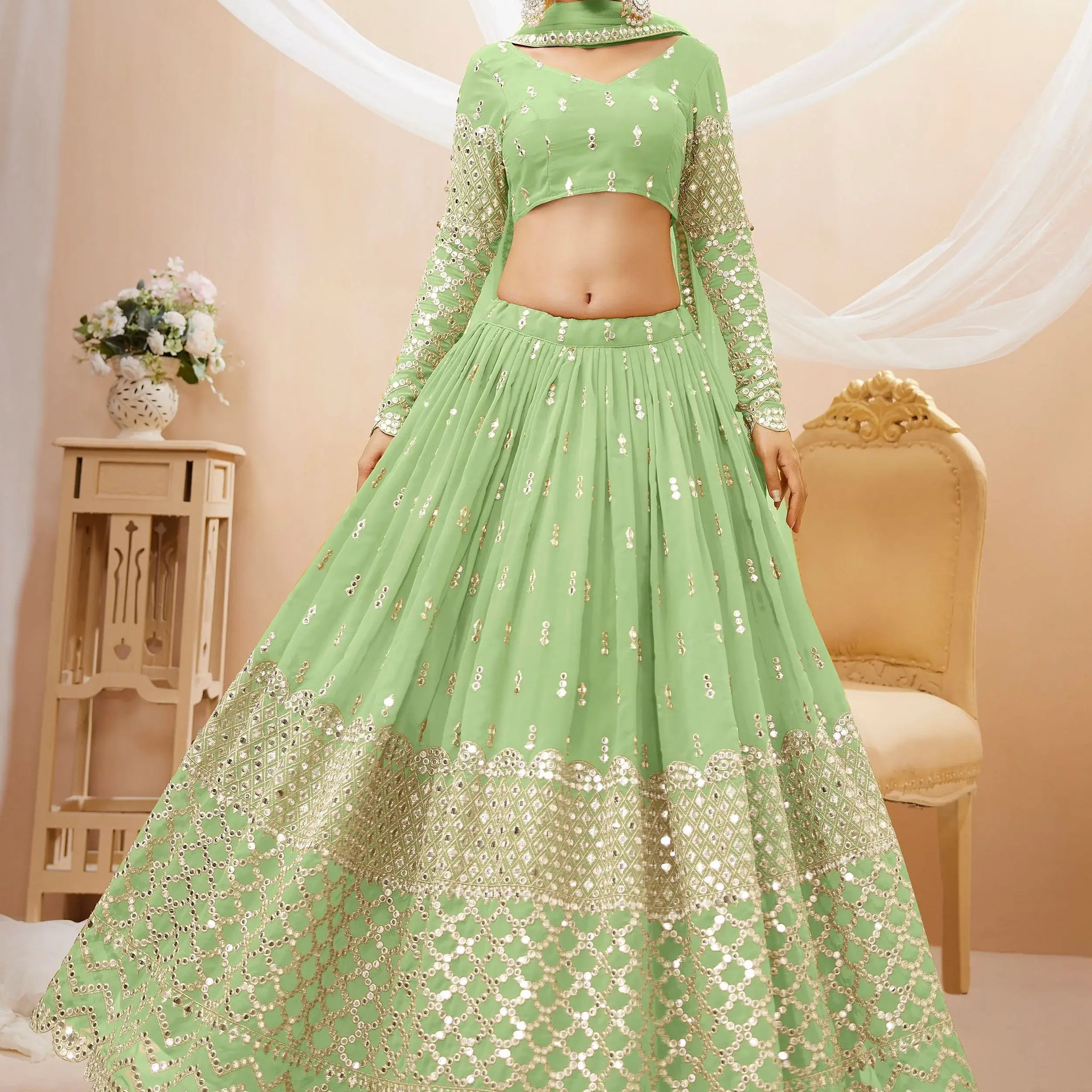 Amazing Pista Green Sequins Georgette Reception Wear Lehenga Choli - Zeel Clothing