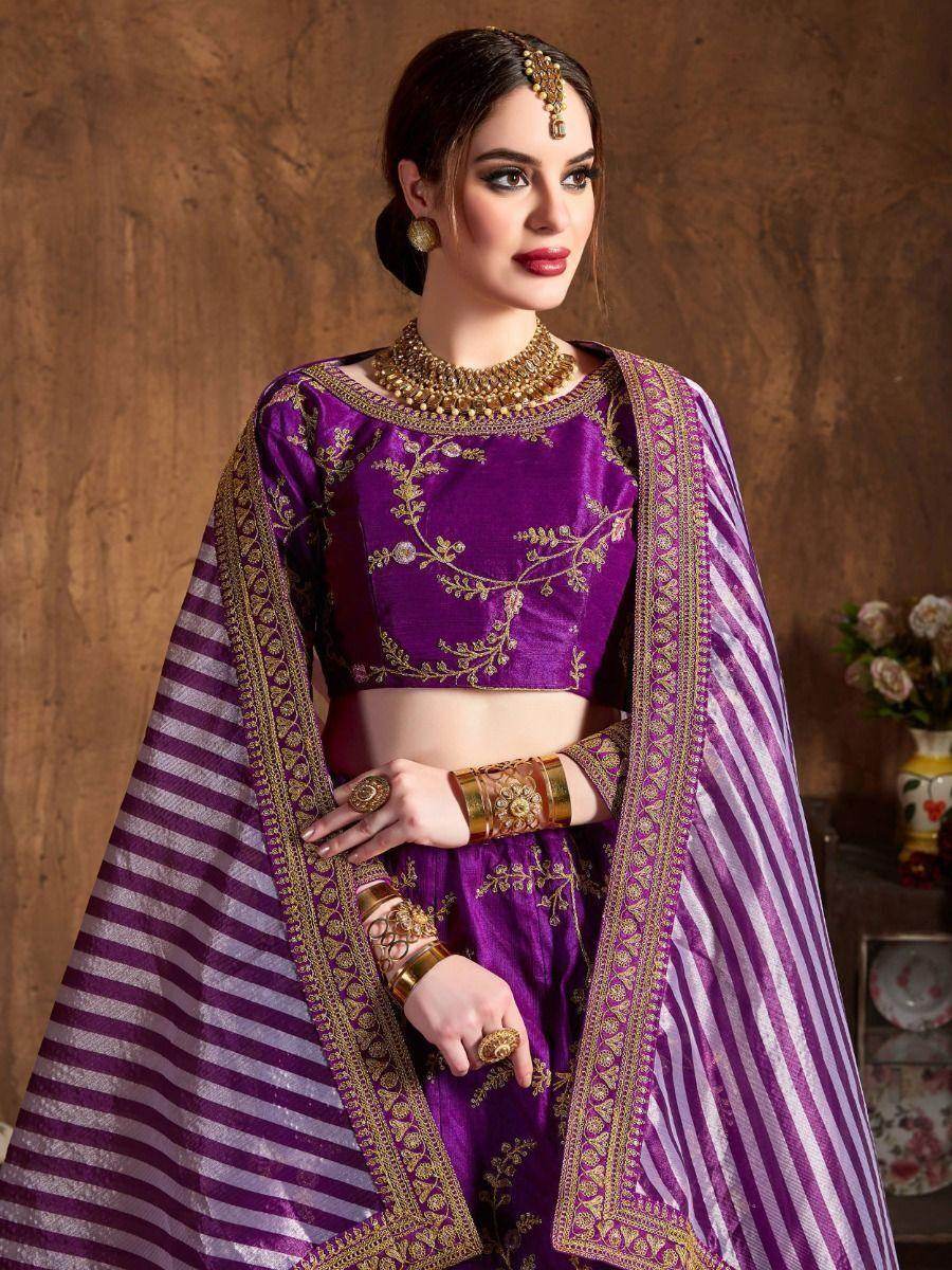 Amazing Purple Embroidered Mulberry Silk Sangeet Wear Lehenga Choli - Zeel Clothing