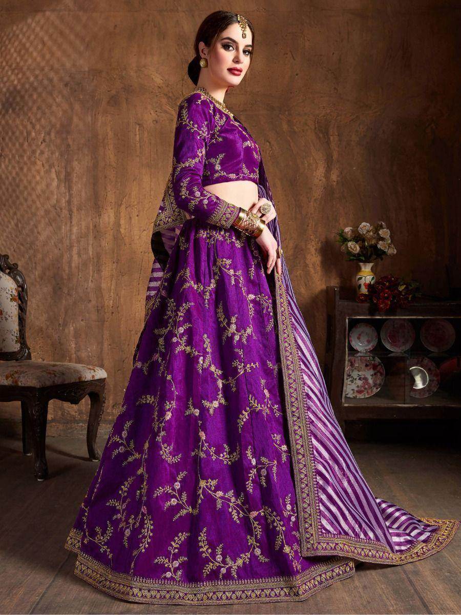 Amazing Purple Embroidered Mulberry Silk Sangeet Wear Lehenga Choli - Zeel Clothing