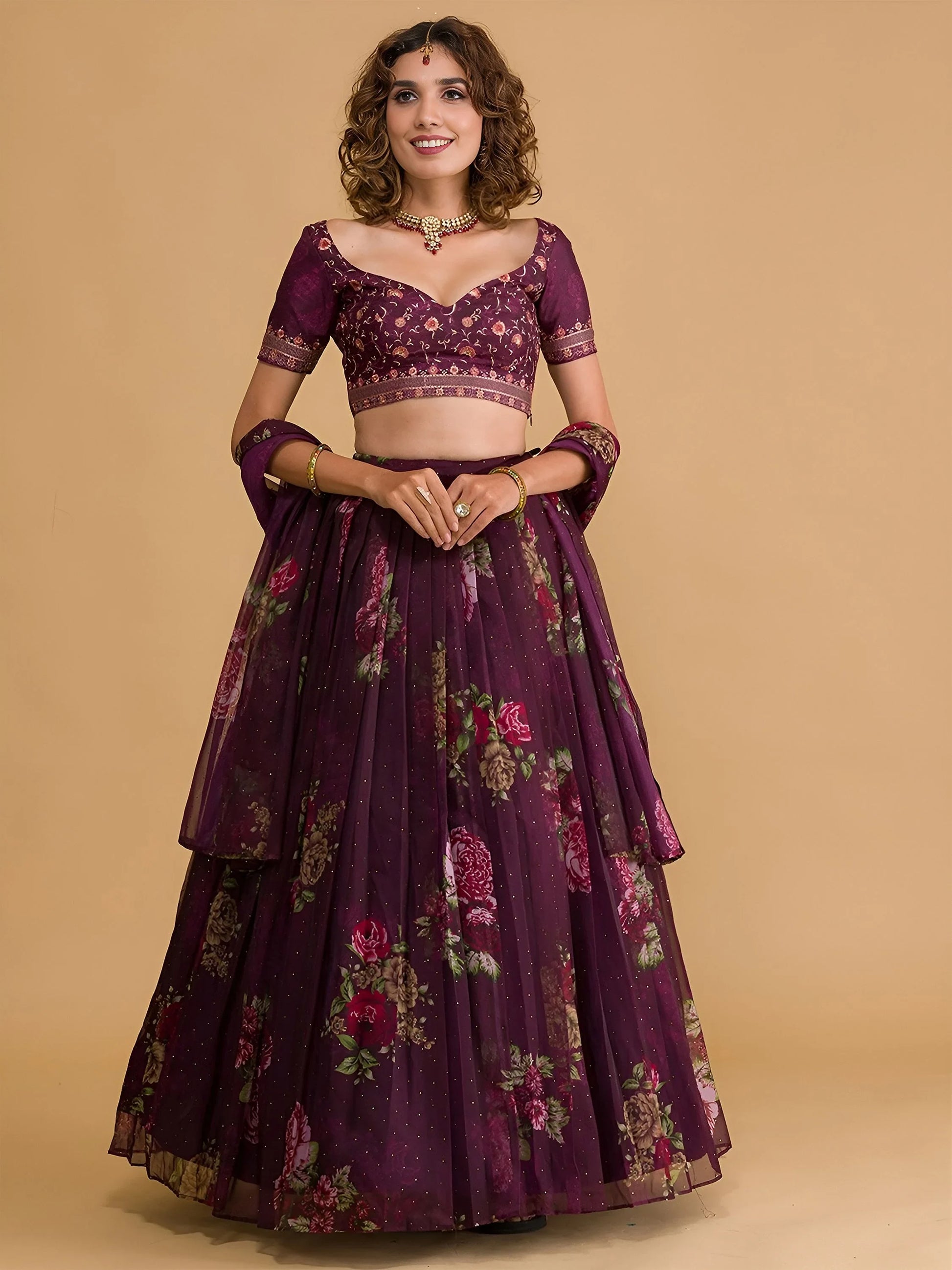 Amazing Purple Floral Printed Organza Sangeet Wear Lehenga Choli