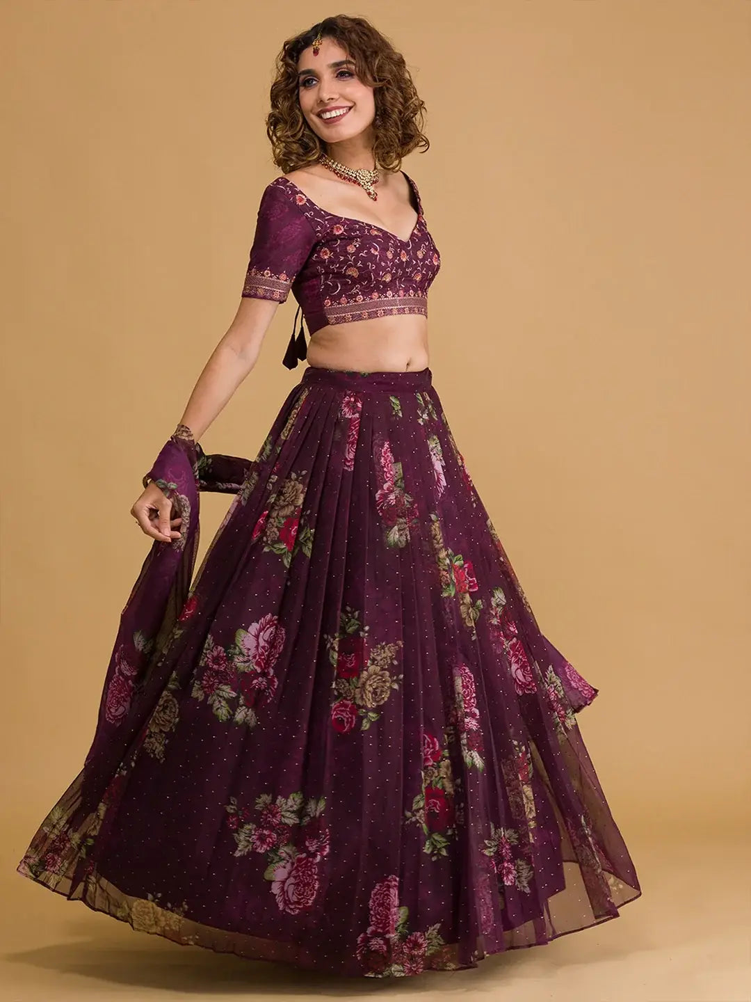 Amazing Purple Floral Printed Organza Sangeet Wear Lehenga Choli - Zeel Clothing
