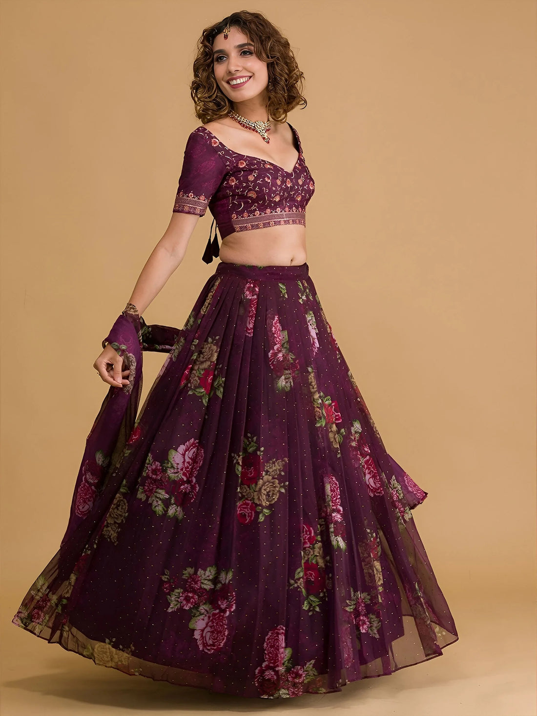 Amazing Purple Floral Printed Organza Sangeet Wear Lehenga Choli